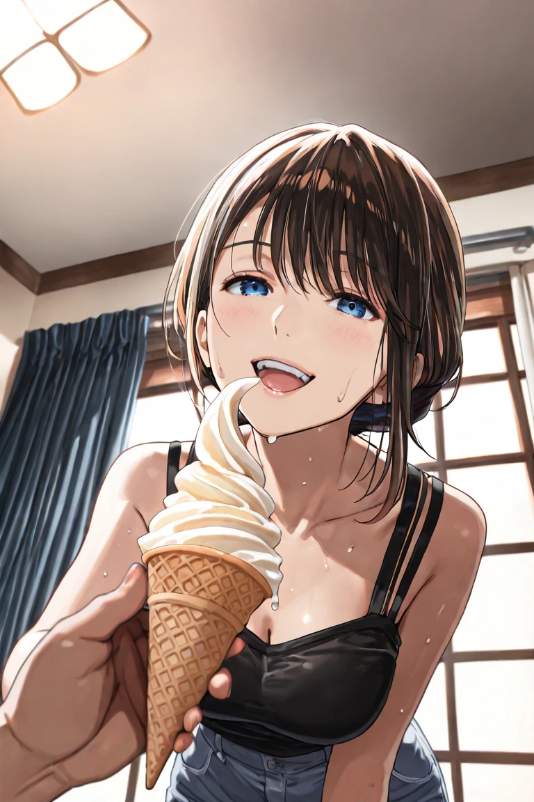 Hanayo Koizumi, hanayo　Koizumi, short hair, Brown Hair, Purple eyes,Big Breasts,happy smile,Open your mouth, smile,Black-rimmed glasses,Green Tank Top,white string underwear,barefoot,Holding ice cream in both hands,Eating ice cream,Sitting on the sofa,whole bodyがイラストに入るように,Daytime,Clear skies,Sweat,　　　　　　　　　　　　　　　　　　　break looking at viewer, whole body,(Cowboy Shot:1. 5) 　　　　　　　　　　　　　　　　　　　break indoors,  　　　　　　　　　　　break (masterpiece:1.2), Highest quality, High resolution, unity 8k wallpaper, (shape:0.8), (Beautiful attention to detail:1.6), Highly detailed face, Perfect lighting, Extremely detailed CG, (Perfect hands, Perfect Anatomy),
