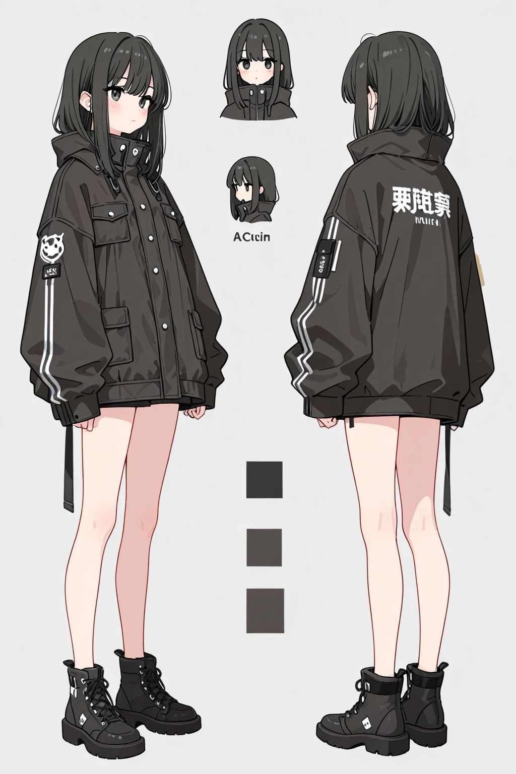 (CharacterDesignSheet, Same role, Facade), city, 1 beautiful and cheerful woman, messy blue-black hair with bangs covering her left eye and two long locks framing her face, light blue eyes, pale skin, beauty , medium breasts, perky, beautiful and shapely full body, full body, shy in nature, detailed, embarrassed, blushing, spotlights, full body, Masterpiece, 18 years old, height 154cm, beautiful body, ((modern clothing, gothic style , (a miniskirt), leather jacket)), serious, Best quality, high detail, high quality, 8k, detailed eyes, view from afar, full body, full view, high resolution, Ultra-sharp, 8k, Artwork master, city environment, seen from afar, full body, high resolution, full body, high resolution, Ultra-sharp, 8k, Masterpiece, (high resolution), ((tmasterpiece)), ((Best quality) ), Character Sketches, Concept-Art, Character Concept Art, pixiv, Cheat Sheet, Role Chart, Multiple Poses and Expressions, Highly Detailed, Depth, Poses, Many Parts, (simple background, white background :1.3), detailed face, full body, dynamic poses, shy poses, standing, feminine poses, attractive poses, best quality, 4k, Masterpiece, Best quality, high detail, high quality, 8k, far away view, full body, eyes detailed, high resolution, Ultra-sharp, 8k, Masterpiece, best quality, full of details, Front body view, Back body view, Highly detailed, depth, detailed face, best quality, 4k, Masterpiece, Best quality, high detail, high quality, 8k, far away view, full body, detailed eyes, high resolution, Ultra-sharp, 8k, Masterpiece, best quality, intricate details, perfect detailed face, Midnight, lighting.