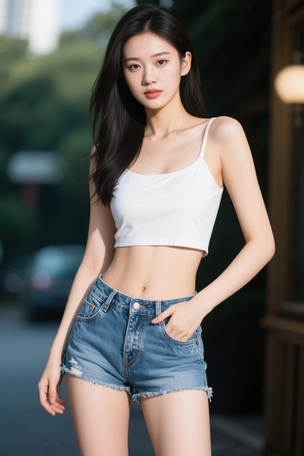 best qualtiy, Full body like,Refined face,18-year-old girl,Slim body,Smaller bust,White crop top T-shirt,Short waist pink denim skirt,Stadium scene,Stand tall