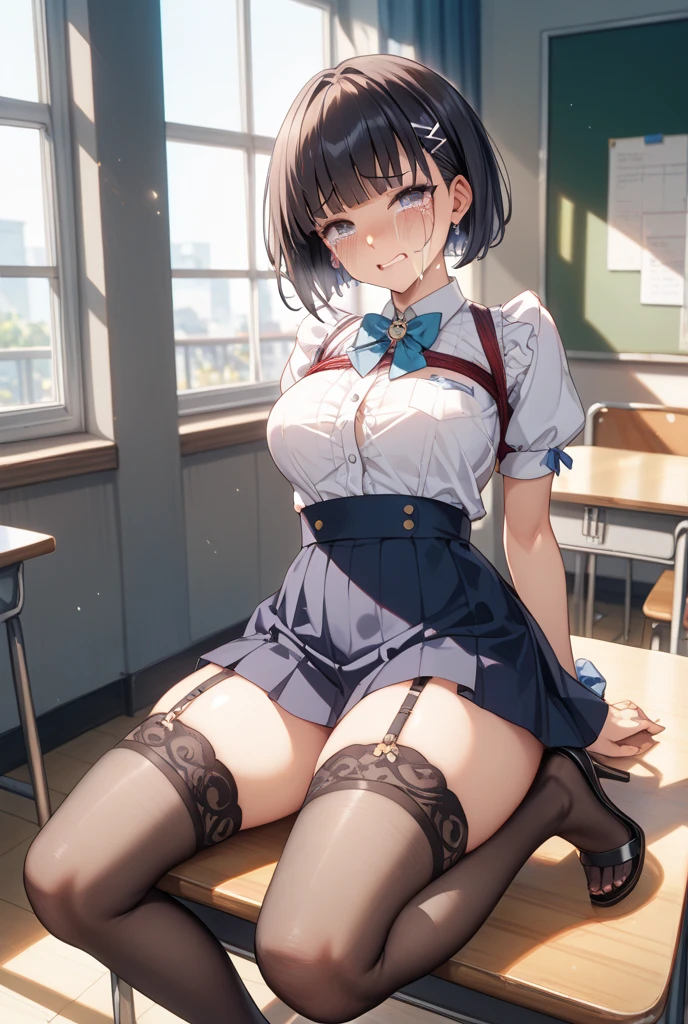 ​masterpiece、best qualtiy、A detailed、Female 1 Person、18year old、blue eyess、A dark-haired、short cut hair、Sheer blouse、Unbuttoned blouse、Pleated skirt、Blue hairpin、Colossal tits、Colossal tits、‎Classroom、Sit at the desk with your legs open、Bend your knees and open your legs、Wet underwear、white  panties、Show panties、Sweating、knee high socks、Red ribbons