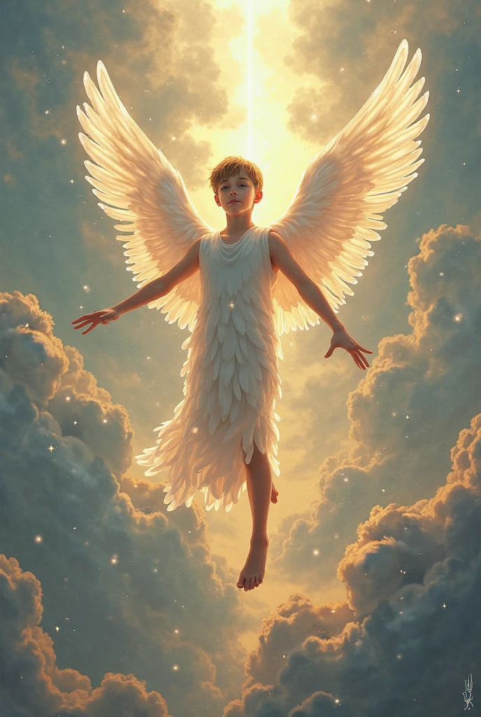 (photorealism:1.2) ( masterpiece ) ( highly detailed) a amazing Young chineses boy like a angel flyer in sky and have stars of gold in universe Photo realism , 8k , HD.