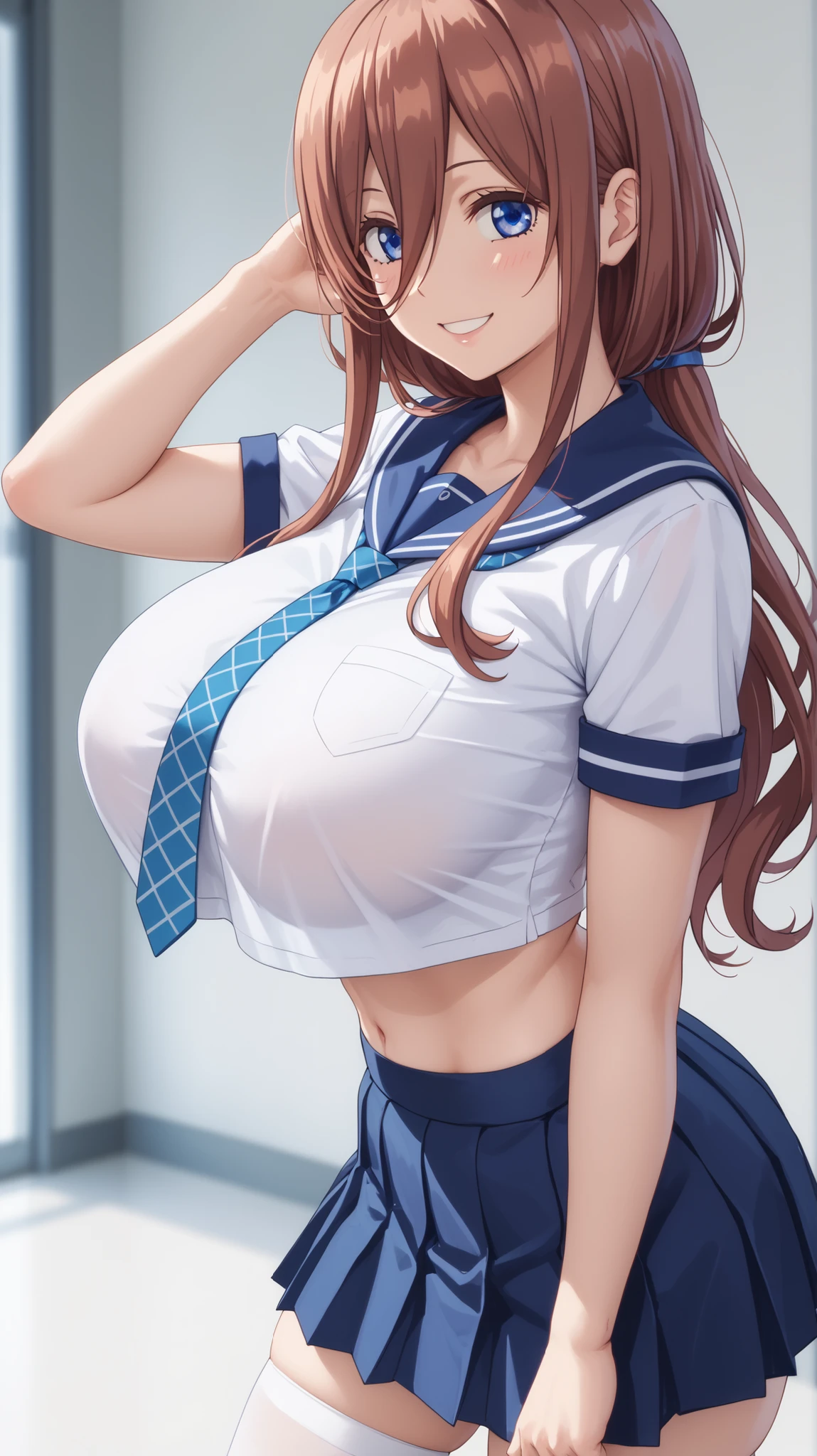 (highest quality, 8k, 32k, masterpiece, Hmph:1.2), (RAW Photos), (Realistic), (Realistic:1.2), (High resolution), Very detailedな, Very beautiful face and eyes, 1 girl, Round and small face, big breasts and small waist、(((Small breasts)))、(((White wall background)))、Slim figure, (school uniform, Sailor suit、白いSailor suit, Dark blue pleated skirt:1.23), (Bust Shot)、(((Redhead)))、((short sleeve Sailor suit))、(close、highest quality、Attention to detail、Rich skin detail、Hmph)、(highest quality, 8k, Tabletop:1.2), Very detailed, (Realistic, Realistic:1.37), (((Full Body Shot)))、Bright colors, (((Hand in hand)))、(((Sexy vibe)))、(((20-year-old woman)))、((Bust isDcup))、(((Light brown hair)))、(((White Background)))、(((Cleavage)))、(((Girlish hairstyle)))、(((Long Hair)))、(((In front of a white wall)))、(((Light brown hair)))、(((I put my hand on my cheek)))、(((He has a wicked smile on his face)))、(((The girth of the chest is 85 cm)))、(((Small breasts mischievous expression)))、Sailor suitコスプレ、Cinematic Lighting