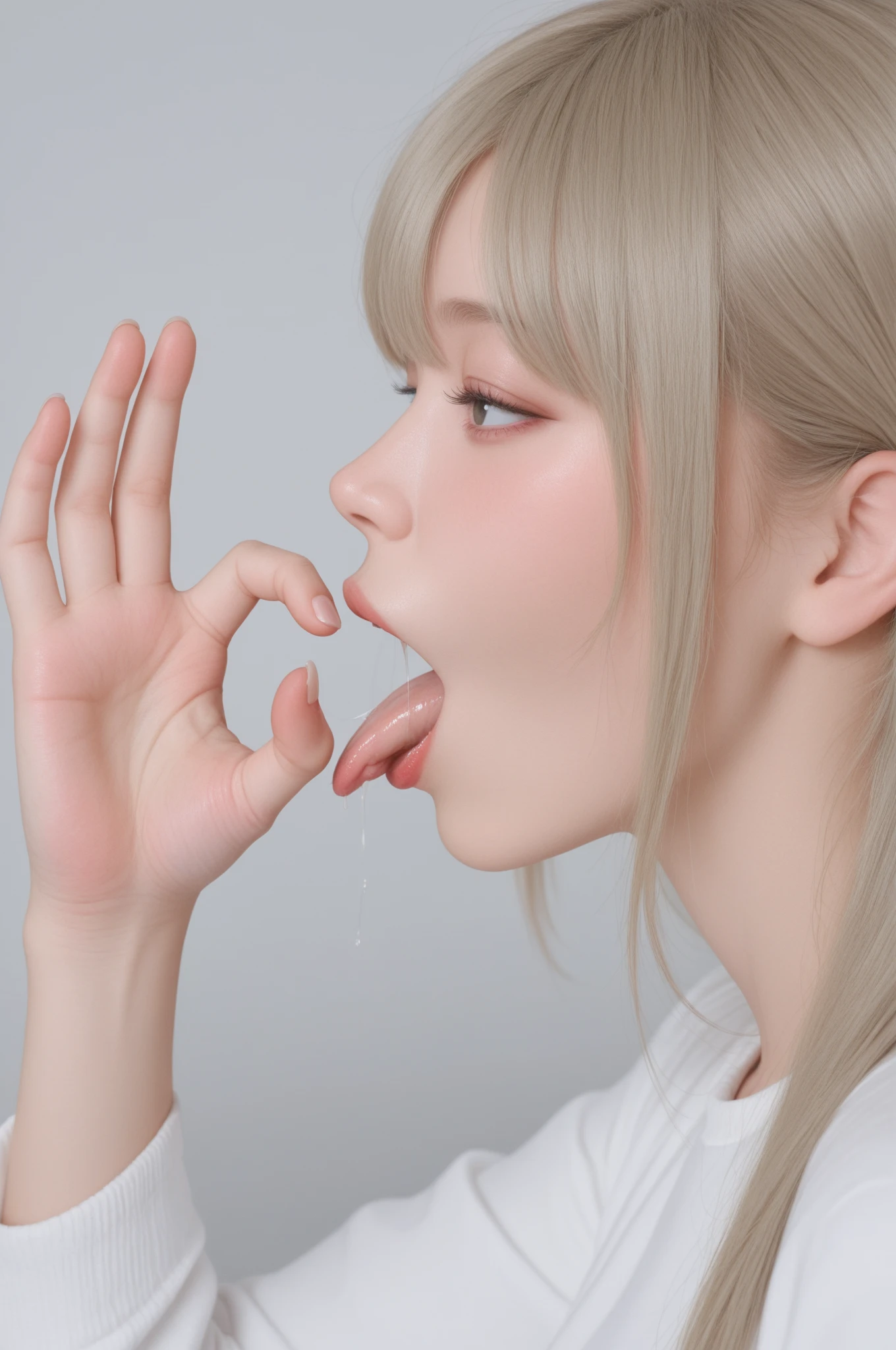 Lolita Bob Big Tits Mouth open White liquid is being dispensed into the mouth Fluid overflowing from the mouth