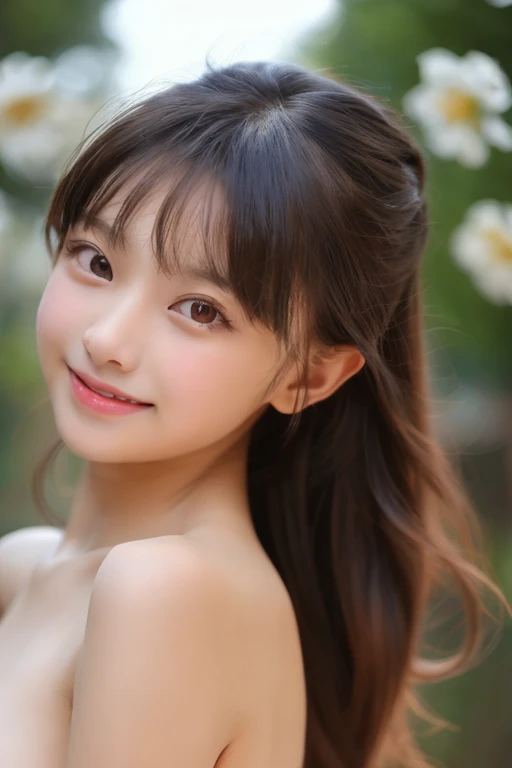 Beautiful young woman with a charming smile, Wearing delicate clothes, Lacy white lingerie decorated with floral patterns. She has been a long time, Flowing hair styled with cat ears and fluffy accessories, Gives a cute and playful look. The background is a warm, soft blur., Golden autumn light, Emphasizing her mysterious and captivating presence. 