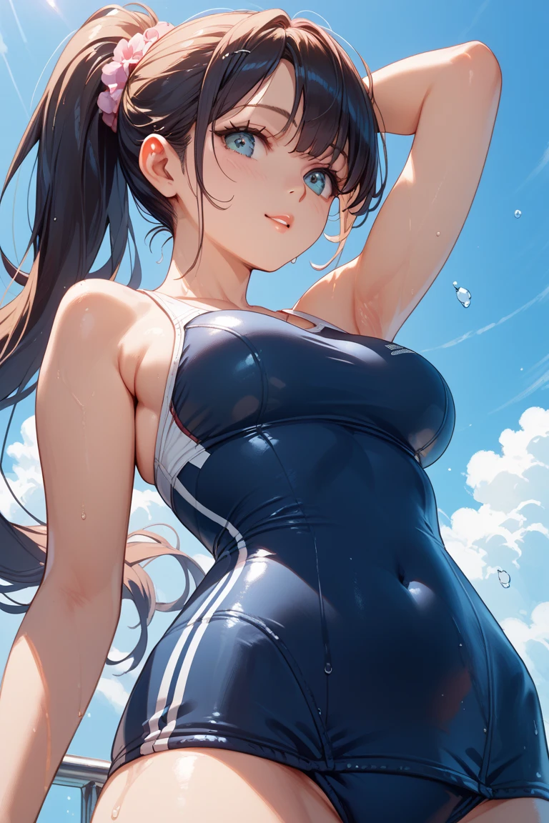 (((4K,masterpiece,best quality,ultra detailed,high resolution))),(daytime,clear weather,front light),((solo)),(beautiful woman),(black hair,long hair,blunt bangs,straight hair),(beautiful face,beautiful eyes),(finely detailed skin,fair skin),light smile,(one-piece competition swimsuit,navy swimsuit,wet-swimsuit),(beautiful lake,beautiful sky),(big breast,perky breast,small hip),((cowboy shot,from below)),(cameltoe,pumped-pussy,pussy juice),