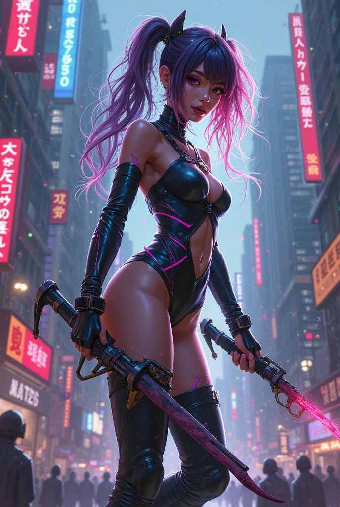 (highly detailed hands, hand model:1.4), anime style, elf arctic ronin  villainess, dark leather ,magenta hair, Feather Braid,curly hair, (dark skin:1.3), ninja sword, arm behind head, rainy night, on a cyberpunk starbase, in a crystal, mad scientist's museum, bombshell hair, neon black hair with brown highlights, Teased Hair,antenna hair, flexing<lora:EnvyAssassinXL01:1>