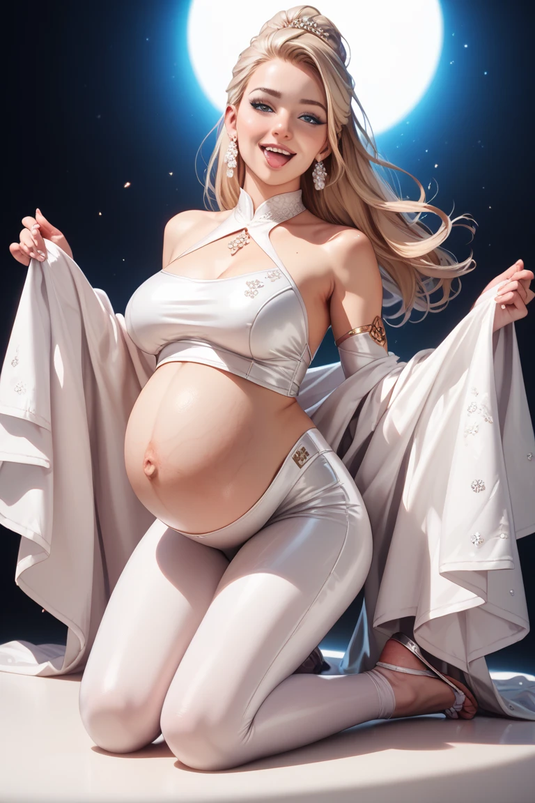 8K, Best Quality, Masterpiece, Ultra High Resolution, (Realism: 1.4), (Realistic Skin Texture: 1.3), 1 Beautiful Pregnant Woman Urinating, Best Quality, Background brothel, Very Long Blonde Hair, Platinum Tiara, Hairy, blush, pov_doorway, curvy, silver dress