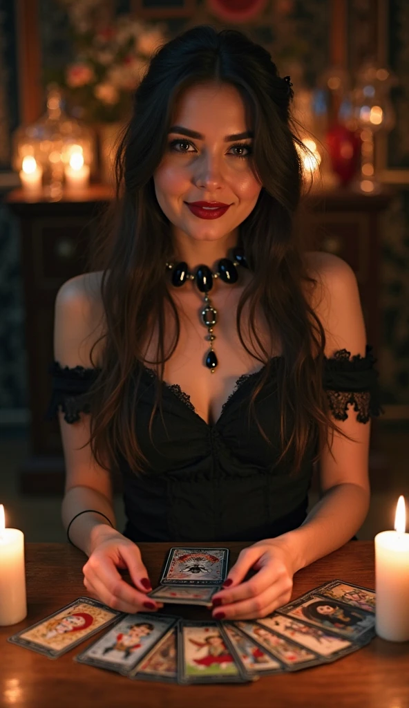 tarot reader 35 years woman sit on a table with cards, crystals and candles, beautiful detailed eyes,beautiful detailed lips,extremely detailed eyes and face,longeyelashes, beautiful portrait, hyper realistic, intricate details, cinematic lighting, vibrant colors, magical atmosphere, mystical, ethereal, occult, dark fantasy
