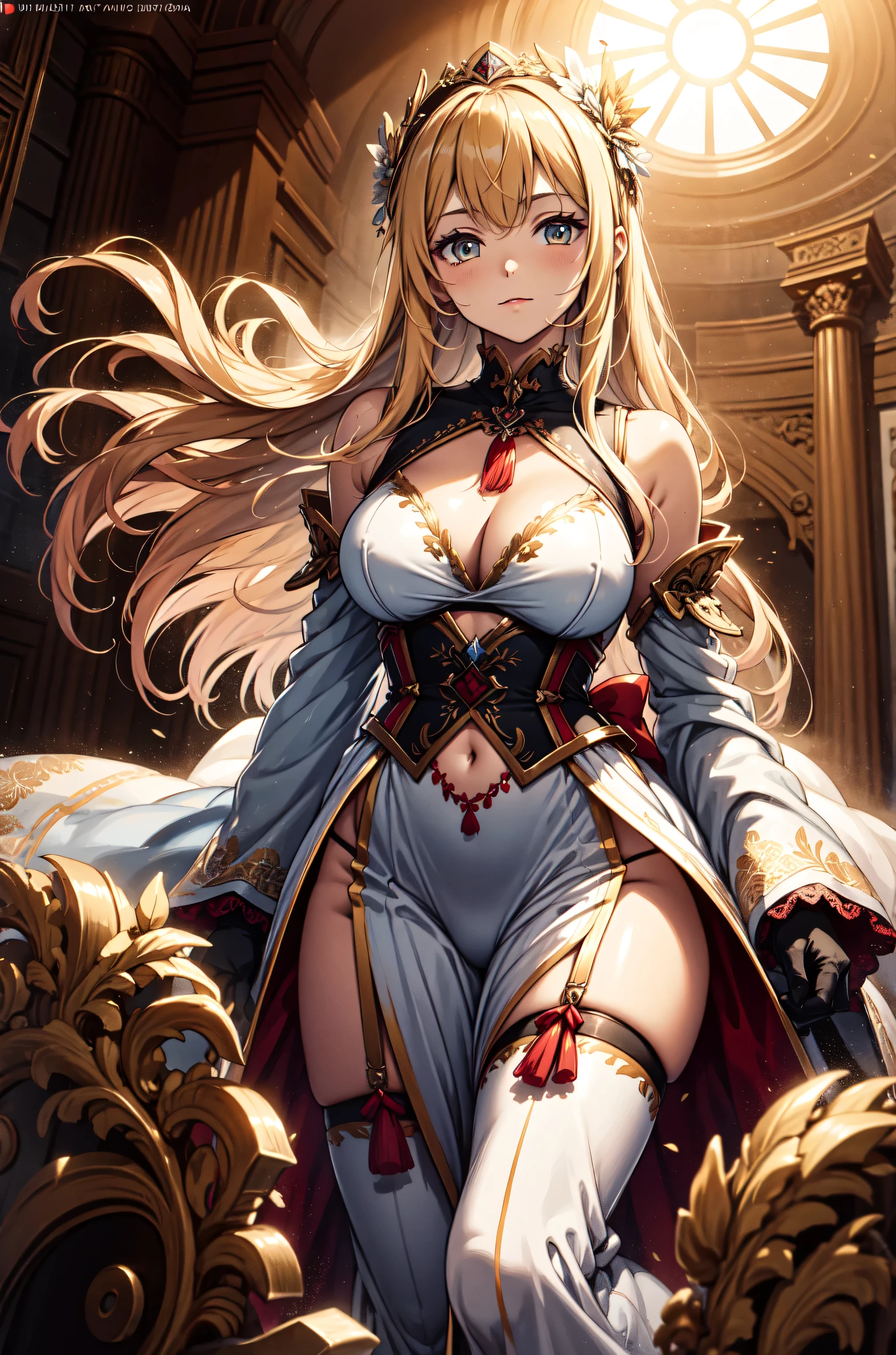 Mommy curly yellow hair with red eyes with very big and huge breasts with bra and white beret with ribbons of brown skin with armor only on the extremities very detailed and beautiful