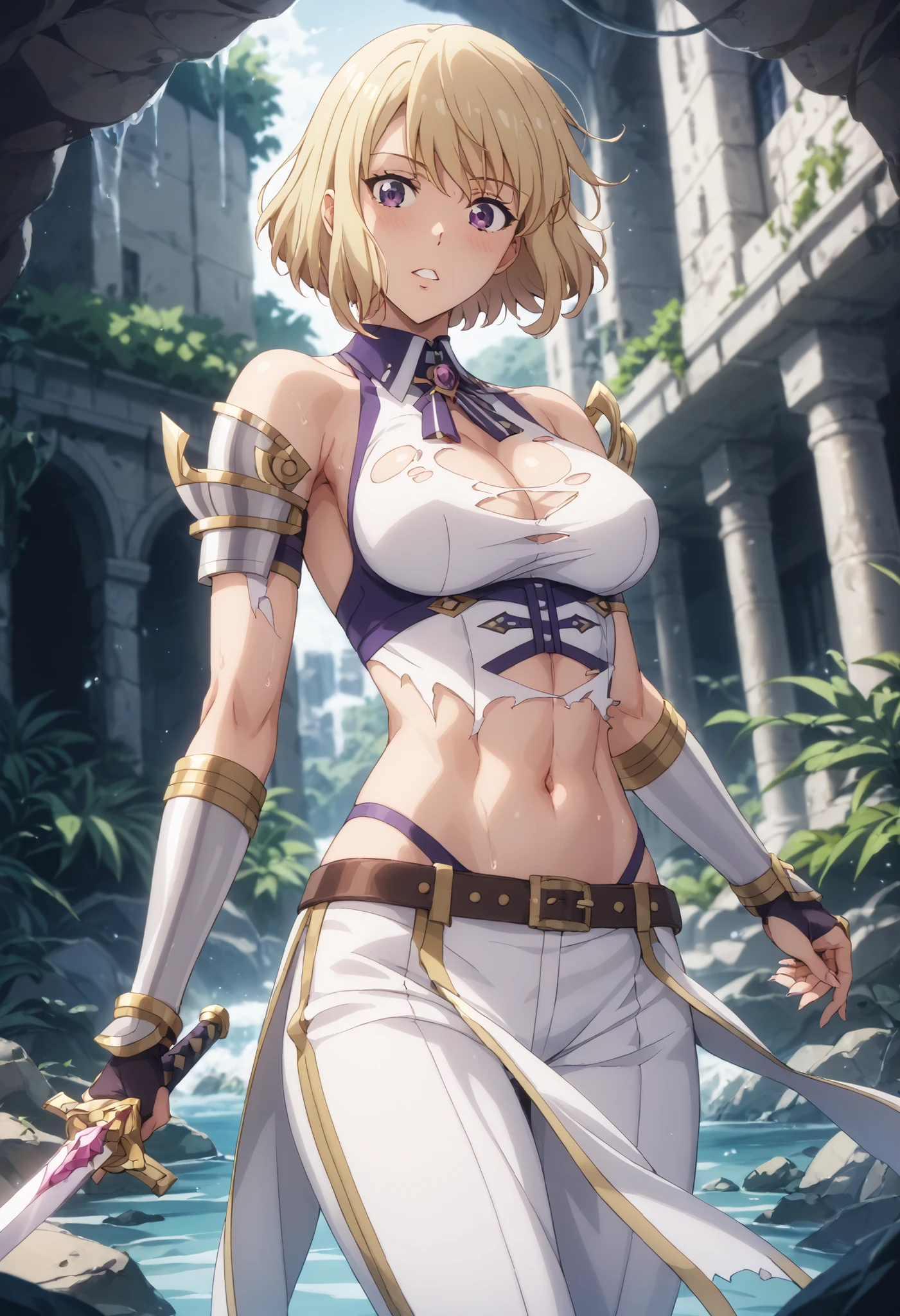 masterpiece, best quality, highres, aaleone, short hair, large breasts, cleavage, white scarf, bare shoulders, bandeau, detached sleeves, midriff, belt, black panties, pants, knee boots, <lora:leone_v1:0.7>, field, outdoors, from side, upper body, standing