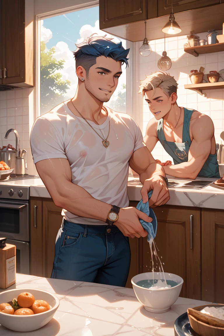 Two boys, bodybuilder, naked, translucent tong, wearing white cotton socks, white sticky liquid flowing on their legs, CG feeling