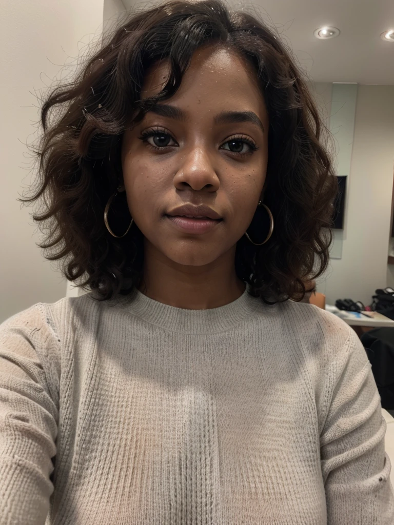 Portrait of a (Teen Afro Latina girl), close up, work wife, grey work dress, perfect eyes, looking at the camera, Intricate details, cubicle office interior, Warm Light, muted colors, Standing while holding a closed bible, busty, cleavage, small short very curly hair, ((unrealistic big huge thick lips)), (green eyes, verde ojos),  skinny, thin, slim, lean, slender, nubile, posing for picture, young, youthful, teen, teenager, slim body, 