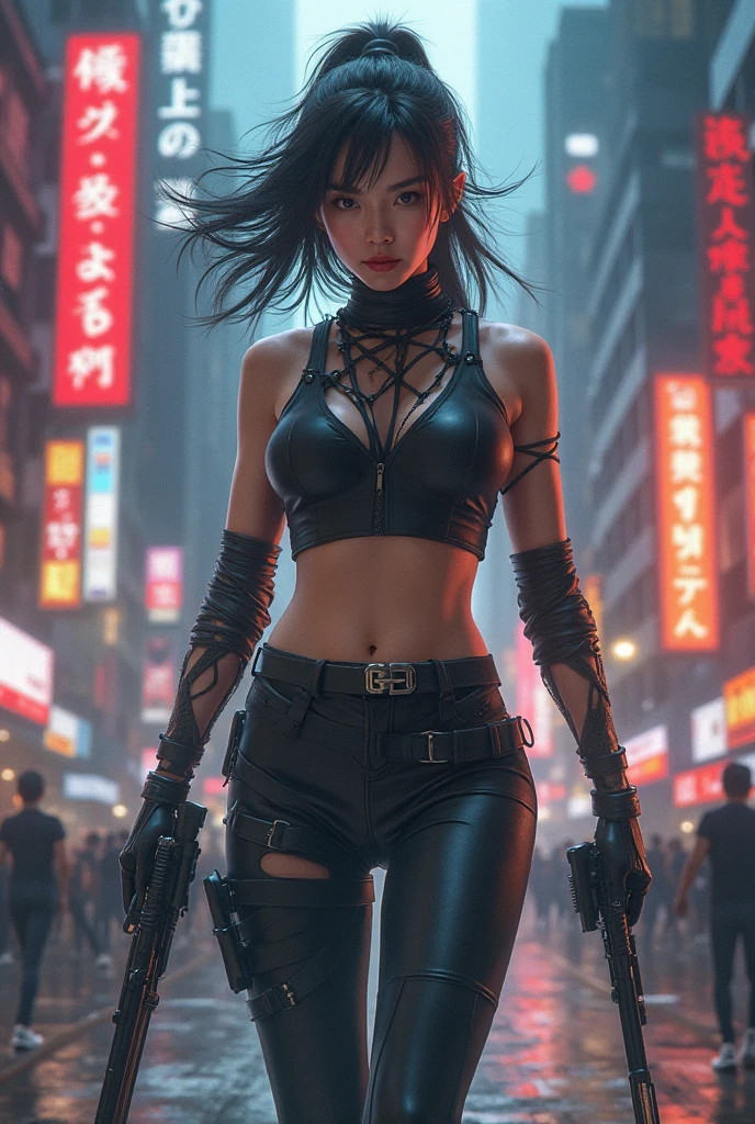 (masterpiece, best quality, 8k, sharp focus, depth of field, best shadows, perfect lights, HDR, realistic skin texture, hyper detailed background), Anime style, Long Angle Shot, ((CYBERPUNK THEME)), solo, 1 woman, she is a mercenary, (green eyes, white skin, black hair with ponytail, choker, small breasts, slim, makeup, Eyeliner, gloss), she is doing a job on a futuristic korean city, holding a Tech-katana with a strong grip, night, sky, waning moon, wearing a nice tech-jacket and leather pants.