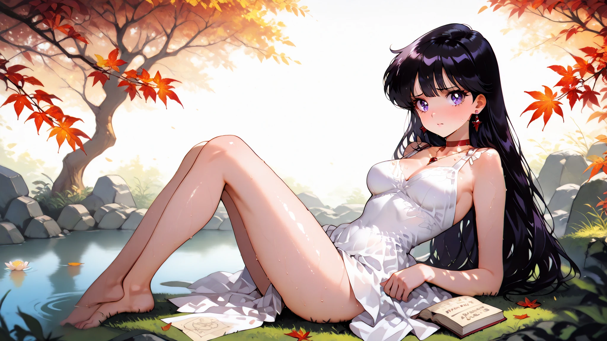 Beautiful Chitanda, There is only one beautiful girl,Purple Eyes, Black Hair, Naturally straight hair, Straight bangs,Extremely refined,open your lips,Face is so red,Very white skin,big eyes,Flowing long hair,beautiful girl, Like a dream,Slim,Soft, (Sensual), (Kawaii), Dream quality,night,moonlight,Starlight,Swallowed by the swamp,Fallen Leaves,no pants,Transparent clothes,No clothes,Exposing breasts,No pants,Delicate clavicle,Delicate hands and feet,Bare neck,Bare thighs,Exposing the groin,Camel toe,Bare legs,barefoot,extremely shy,Ultra-high resolution, (masterpiece:1.2, best quality), (Delicate and beautiful eyes: 1.2), (Beautiful and delicate face)