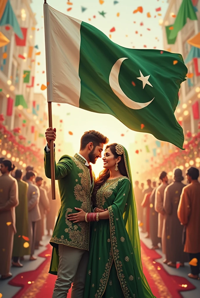 Young muscular Hindu pandit, white skin pregnant muslim women wearing hijab, together doing kissing infront of Pakistan flag 