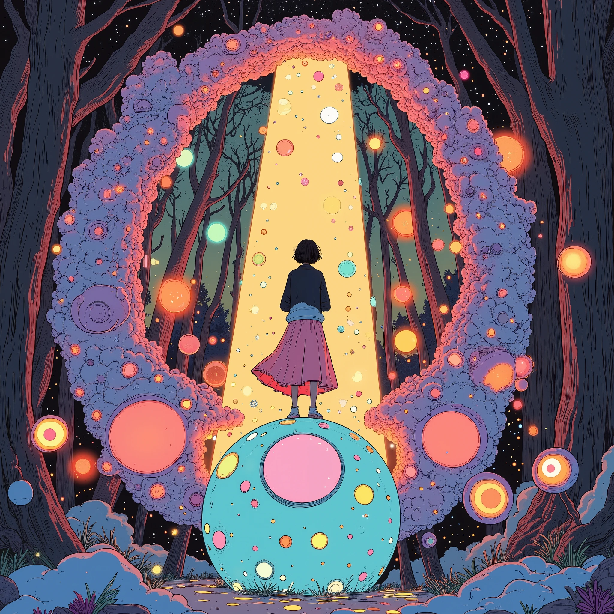 Illustration of a person standing on a sphere surrounded by a circle, By Cyril Rolando, inspired By Cyril Rolando, Cyril Roland's Style, just a joke , Beeple and Jeremiah Kettner in a skirt with notes, Cyril Roland and Goro Fujita, Beeple and James Jean , Makoto Shinkai Cyril Rolland、A special door with a new dream world, Deep in the magnificent forest. animatrix illustration style, the moment you open it with a key you've never seen before, a dazzling beam scatters from where you stab the key, Commemorative photo of Fractal psychedelic fantasy of future and journey in the space of complex geometric shapes. The color scheme is a vivid light, novel and very advanced combination, Holographic VFX Shapes Dazzle with Light and Motion.