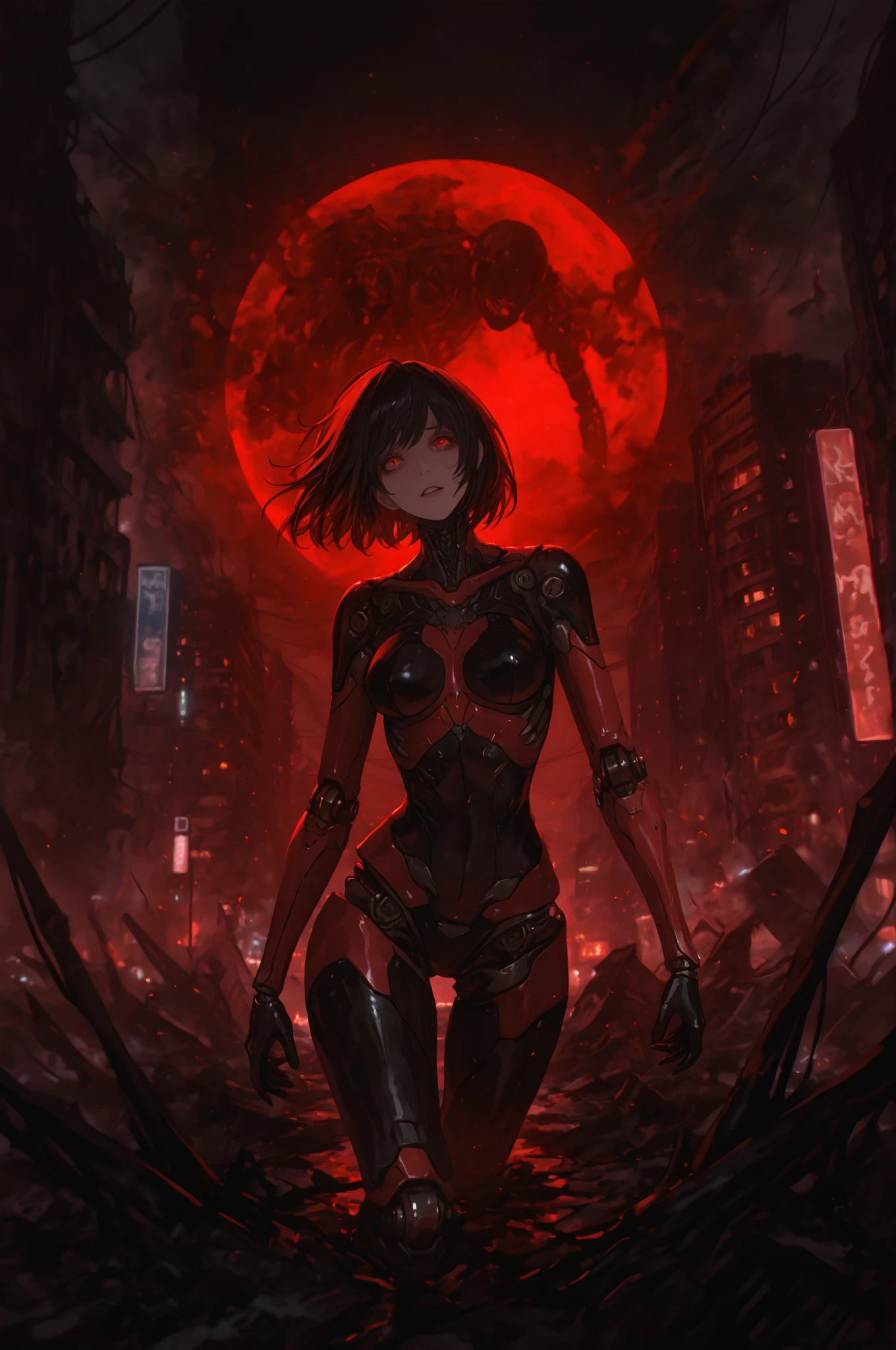 ((score_9, score_8_up, score_7_up, score_6_up), (adult, seductive face, seductive expression), action pose, long black hair, hair over eye, abs, big breasts, eyepatch, red eyes, red lips, eyeliner, tight leather armor, cleavage, sleeveless, holding sword, desert road, source_anime,
