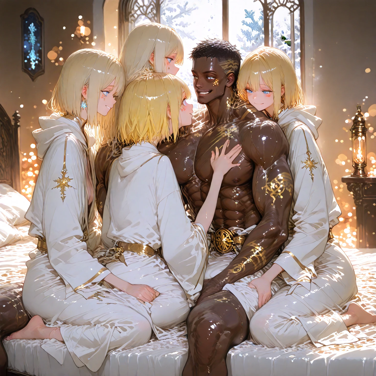((female１people、男1people))、((highest quality)), ((masterpiece)), (detailed), Perfect Face、((黒色people種の逞しい男))、（naked）、((The man has dark brown skin))、((Men need big and long peniseen have big testicles))、femaleと黒色people種の男、（femaleは金髪）、((ベッドの上で男とfemaleはnakedでセックス))、Gold luxury accessories、Earrings、necklace、tiara、男とfemaleは抱き合う、男とfemaleはキスをする