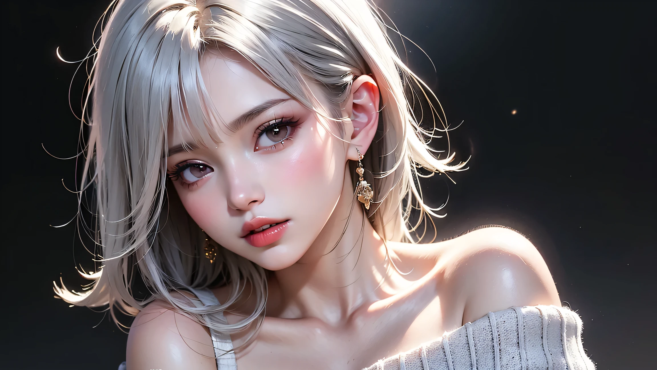 1girl,a beautiful fashion model ,(masterpiece, detailed background, best quality),short and shiny hair, white hair ,smirk,juicy lips,red lips, calmart, , , elegant makeup, 