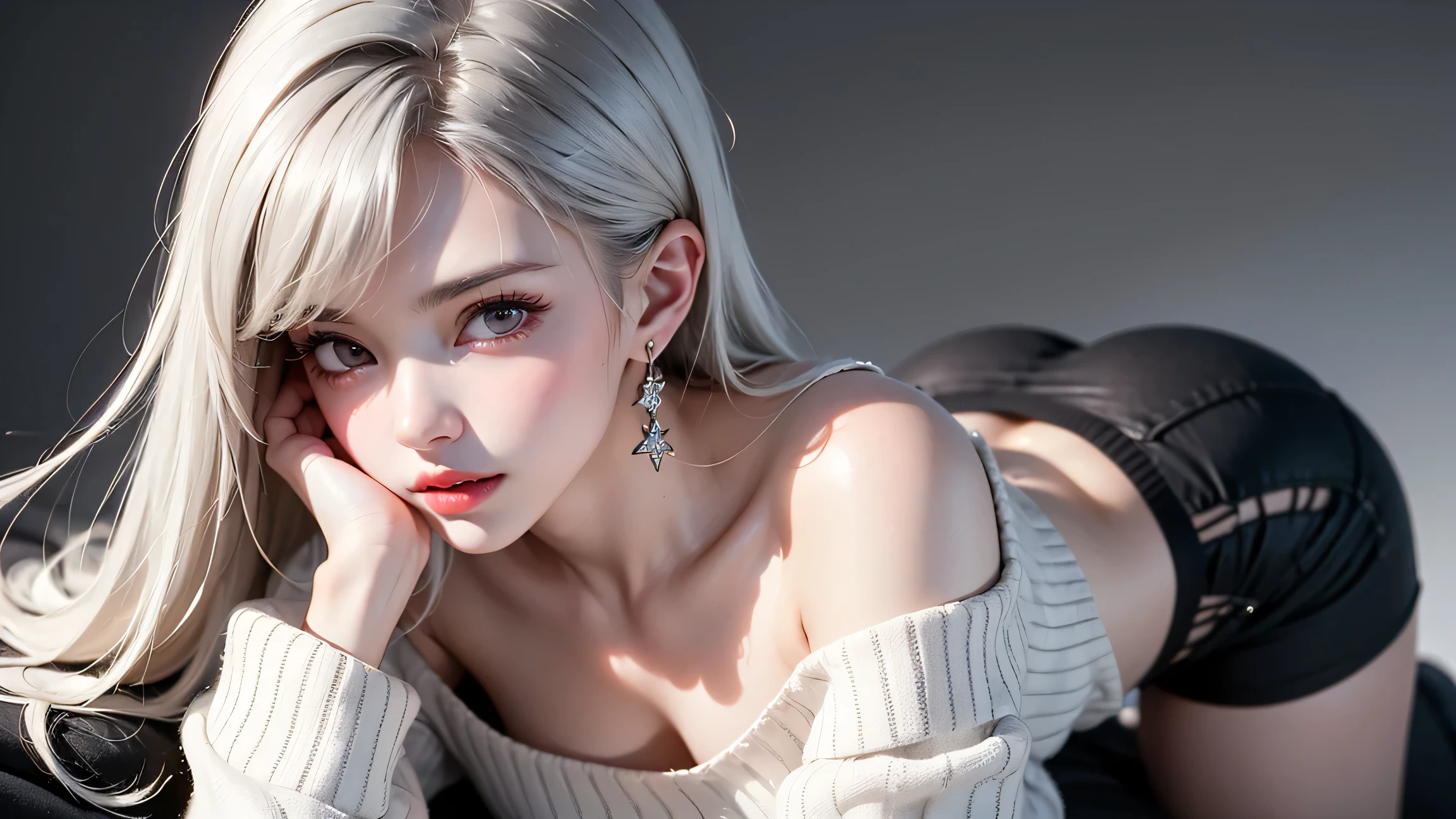Realistic, 1girl, white hair, purple eyes, glowing eyes, cropped top, skirt, parted lips, blush, night, flowers, sun, sun, sexy, feminine, seductive, provocative, multi-angle shooting, appropriate pose