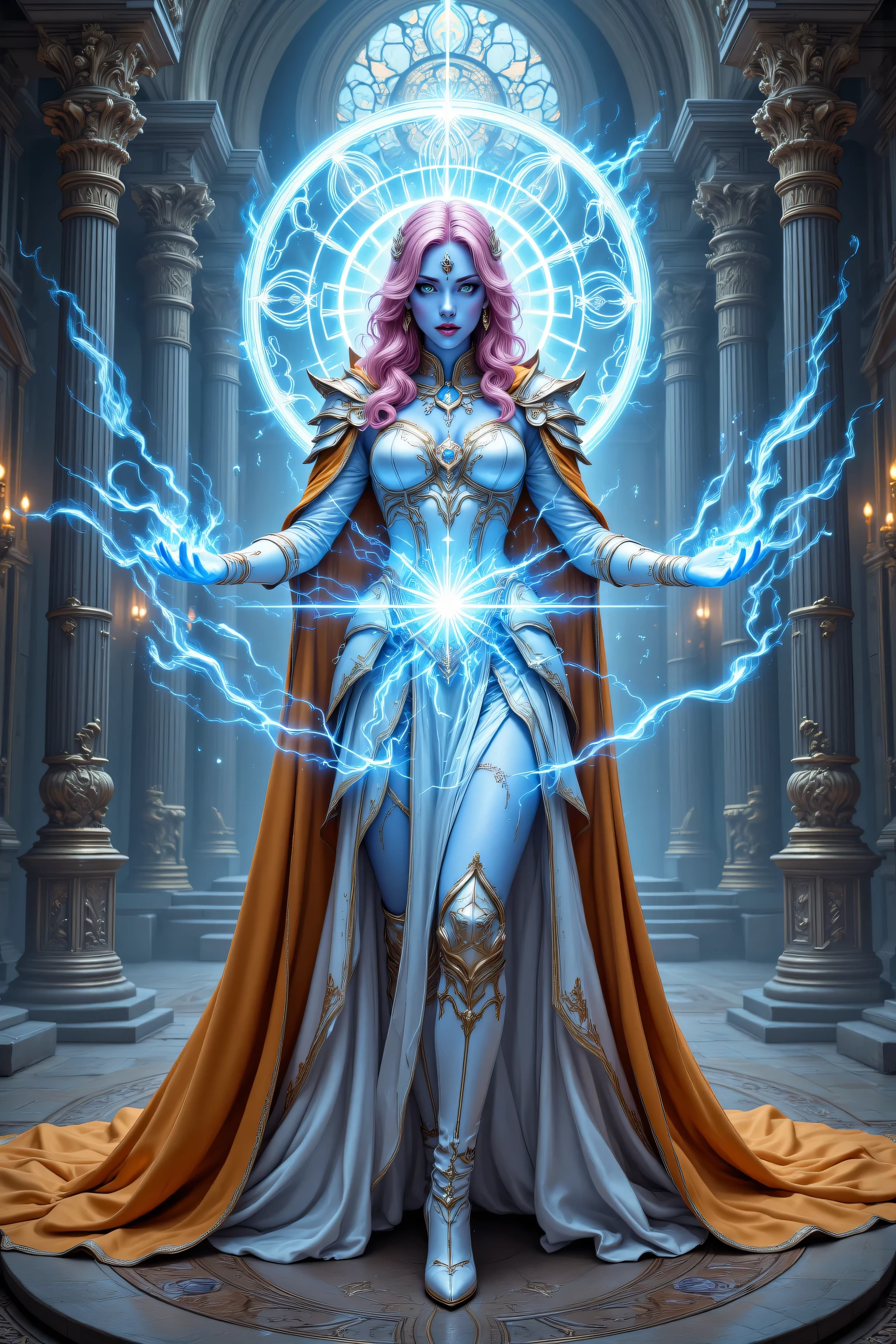 fantasy art, dnd art, RPG art, wide shot, (masterpiece: 1.4) a (portrait: 1.3) intense details, highly detailed, photorealistic, best quality, highres, portrait a female (fantasy art, Masterpiece, best quality: 1.3) ((blue skin: 1.5)), intense details facial details, exquisite beauty, (fantasy art, Masterpiece, best quality) cleric, (blue skinned: 1.3) female, (pink hair: 1.3), long hair, (no ears: 1.5), (green eyes: 1.3), casting radiant spell, wearing heavy (white armor: 1.3), wearing high heeled boots, wearing an (orange cloak:1.3), wearing glowing holy symbol GlowingRunes_yellow, within fantasy temple background, reflection light, high details, best quality, 16k, [ultra detailed], masterpiece, best quality, (extremely detailed), close up, ultra wide shot, photorealistic, RAW, fantasy art, dnd art, fantasy art, realistic art,((best quality)), ((masterpiece)), (detailed), perfect face, art by mooncryptowow