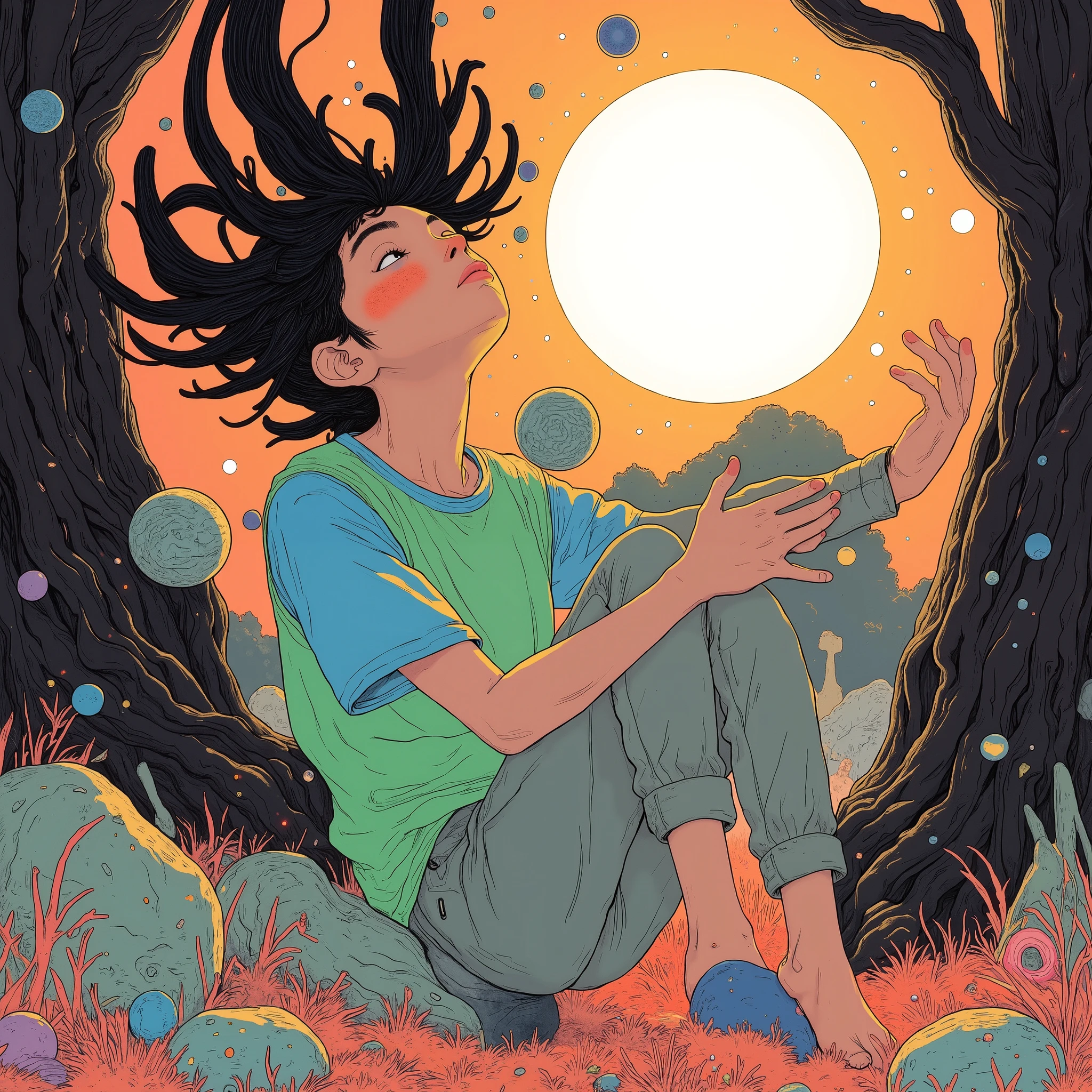 The subject is depicted in a surreal image. 。, The subject is likely in his late teens or early twenties. , The subject is held in a poetic pose, 、 The image exudes an ethereal quality. 。. The subject leans back in a graceful arch. 。, The subject's silhouette stands out clearly against the background. 。. His long hair flows upwards in motion. 。, This adds dynamic tension to the scene, 、. The subject wears a loose-fitting blue and green shirt. 。, The subject blends seamlessly into a dreamy palette of vibrant colors.。, Contrasting colors. Around his head are rotating planets. 。, The subject is abstracted by a white circle that orbits in a circular motion. 。, This creates the impression of a celestial or cosmic theme. 。. at the bottom of the image are、 The textured sphere dominates. 。, Warm tones of orange and brown are radiating. 。, further enhancing its otherworldly atmosphere. 。. The overall impression is、 Serenity and cosmic wonder blend harmoniously. 。, inspiring reflection and imagination. 。A special door with a new dream world, Deep in the magnificent forest. animatrix illustration style, the moment you open it with a key you've never seen before, a dazzling beam scatters from where you stab the key, Commemorative photo of Fractal psychedelic fantasy of future and journey in the space of complex geometric shapes. The color scheme is a vivid light, novel and very advanced combination, Holographic VFX Shapes Dazzle with Light and Motion.