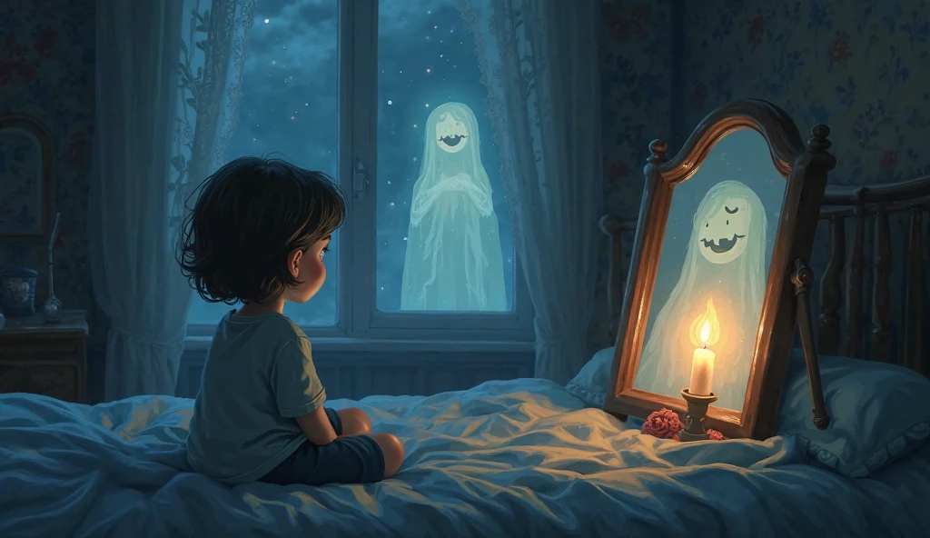Make a cartoon book cover with the title, ghost in the mirror with 3 children two boys and a girl 