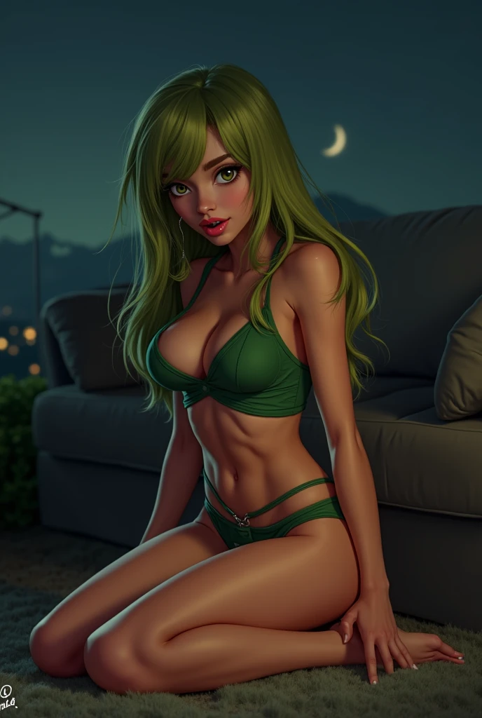 1 girl, green skin, colored skin, light brown hair, pink eyes, sexy, cinematic, volumetric lighting, soft lighting, rim lighting, glittering, nsfw,