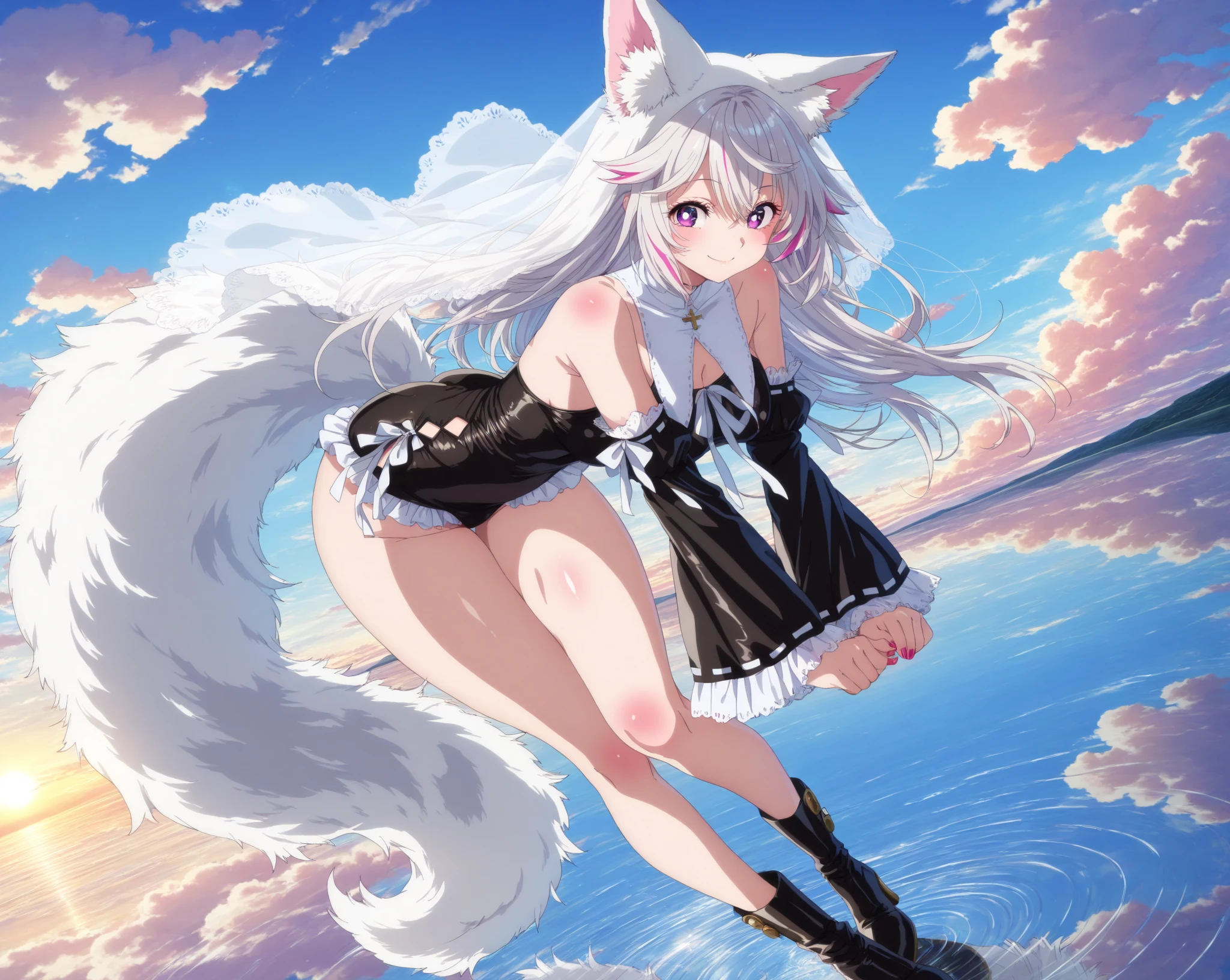 (masterpiece,best quality,very aesthetic),(disheveled hair)(ultra-detailed),high saturation,1girl,18yo,solo,curvy,short stature,a platinum blonde fox tail,large breasts,(platinum blonde fox ears),short hair,platinum blonde hair,beautiful face,(messy hair),(disheveled hair),hair intakes,(fusion of gray kimono and white slingshot swimsuit with black frills,Layered clothing with white on both sides and black on the inside:1.2),bare legs,(cameltoe:0.8),enjoyable,alluring smile,sexy appeal,(smirk:0.8),brown foxy eyes,BREAK,ocean,wave,sandy beach,summer sky,wading,water splahing,cowboy shot