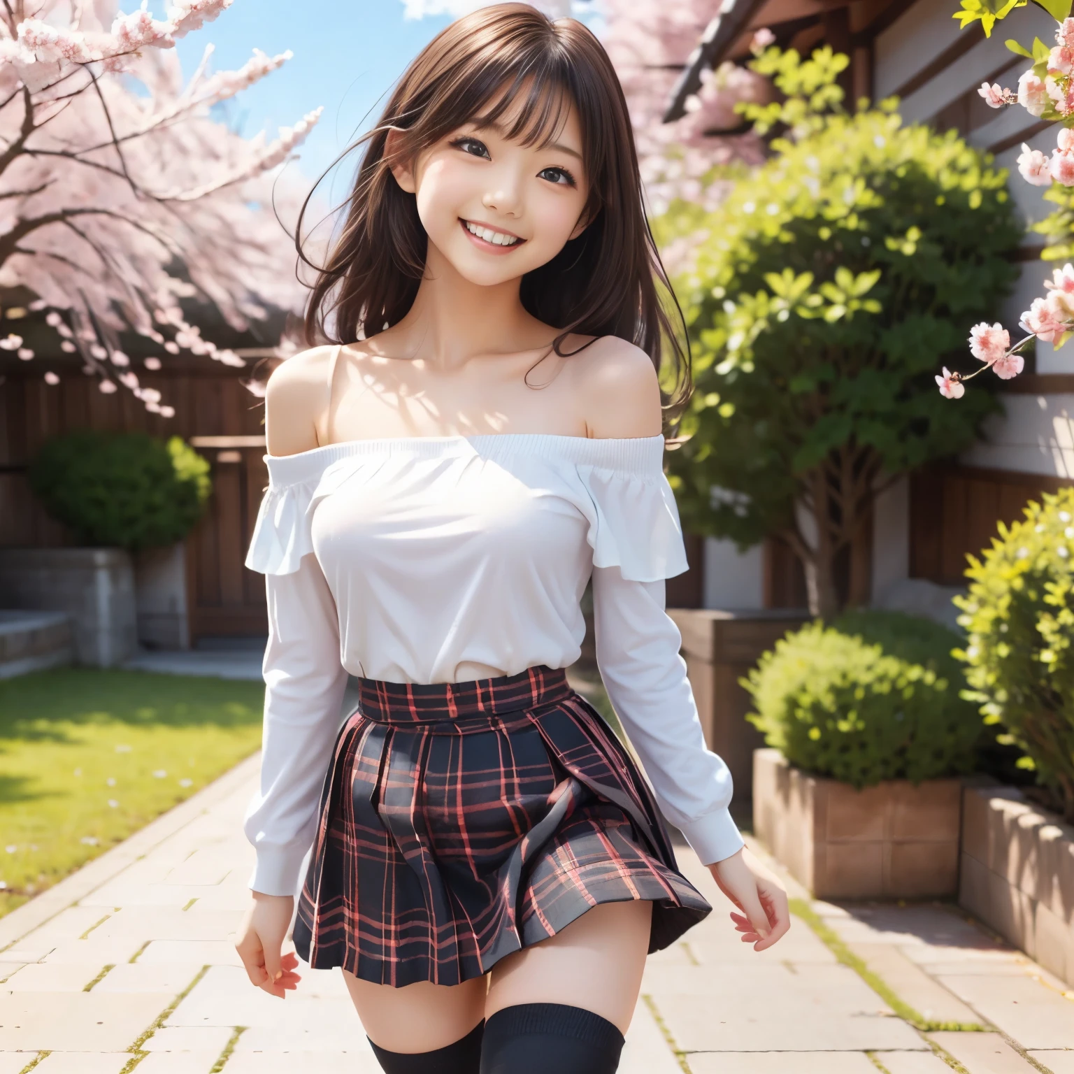 (masterpiece,best quality: 1.4),(8k,raw photo,photo realistic:1.2),shiny skin, detailed skin,detailed face,detailed eyes,Japanese idol,beautiful face,cherry blossom trees, under cherry blossom trees, one beautiful woman, beautiful Japanese woman, well-developed face, model figure, (long hair: 1.2), (off-the-shoulder shirt, plaid mini skirt, black knee-high socks: 1.3), (happy smile: 1.2), (standing),(wind is blowing her hair and skirt:1.4),