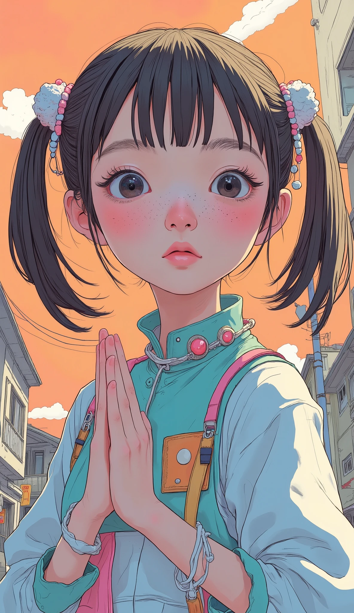 風変わりな絵で雨のシーンが表現されています, 背景は滝のように流れ落ちる水滴で満たされており, 青の濃淡で描かれ. 水滴が様式化されており, 涙滴型に似ています, 大きさがわずかに異なり. 画像には手に傘を持った人物が描かれています, 細い柄が優しくしっかりと握られています. 傘自体が部分的に見えます, 描かれている土砂降りから保護されているような印象を与えます. このシーンの横には, 黒くて長い髪の目立つ部分が見えます, おそらく傘のシールドのおかげで人物の髪は雨に濡れていないことを示しています. 人物はストライプのシャツを着ています, 水平線が垂直に降り注ぐ雨のイメージとのコントラストを生み出しています. 画像の色パレットは主にモノクロです, 青いアクセントで強調され, 雨天にもかかわらず、静けさと落ち着きを感じさせます.