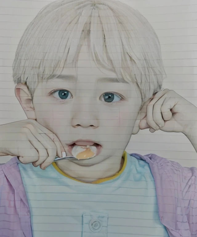 Realistic color photography style、Smiling emphasizes nasolabial folds. Make the chin a little thinner and accentuate the nasolabial folds.、I want it to look more like a color photograph......。3 year old boy, Xu々To、Clearly visible、Emphasizes deep nasolabial folds from nose to mouth、Generate left and right dimples、Show me your beautiful smile.。Make your eyes look cute with double eyelids.