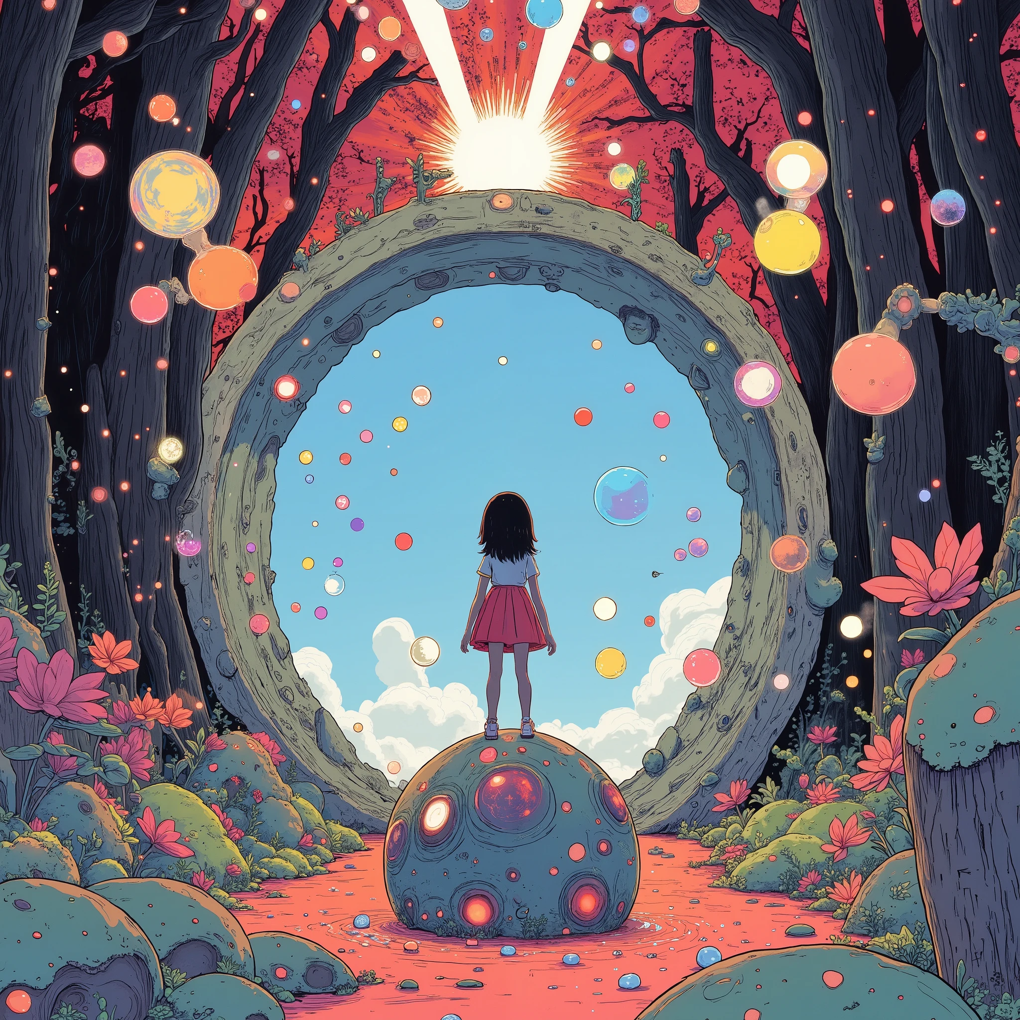 Illustration of a person standing on a sphere surrounded by a circle, By Cyril Rolando, inspired By Cyril Rolando, Cyril Roland's Style, just a joke , Beeple and Jeremiah Kettner in a skirt with notes, Cyril Roland and Goro Fujita, Beeple and James Jean , Makoto Shinkai Cyril Rolland、A special door with a new dream world, Deep in the magnificent forest. animatrix illustration style, the moment you open it with a key you've never seen before, a dazzling beam scatters from where you stab the key, Commemorative photo of Fractal psychedelic fantasy of future and journey in the space of complex geometric shapes. The color scheme is a vivid light, novel and very advanced combination, Holographic VFX Shapes Dazzle with Light and Motion.