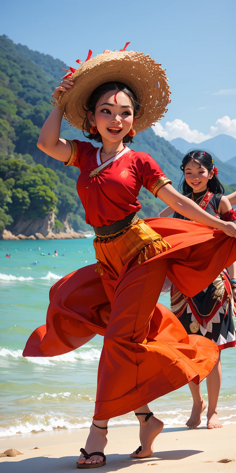 A beautiful, large Isaan woman wearing a two-piece swimsuit made from brightly dyed seaweed stands on the beach holding a very large sea shell with both her hands.