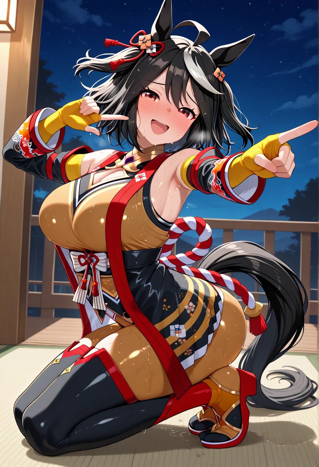 masterpiece, best quality, beautiful art, high resolution, well formed hands, body and fingers, 1 woman, solo, Lin Xiao Mei, grown up, cat ears and cat tail, cosplaying as Mai Shiranui , mai_shiranui_cosplay, adult, large and round breasted, cleavage full body, hair ribbon, gorgeous legs and, thighs, sexy Japanese clothes, hair ornament , sexy legs , hips and thighs, ryona , in peril, she is being beaten up by her opponent, she is knocked down and she is slapped in the face and being slammed against the floor, being humiliated by her opponent, receiving the impact of her opponent's attacks, closed eyes, screaming in pain and agony, ryona and perilous scene, bouncing breasts, weak and helpless, martial arts tournament on the beach