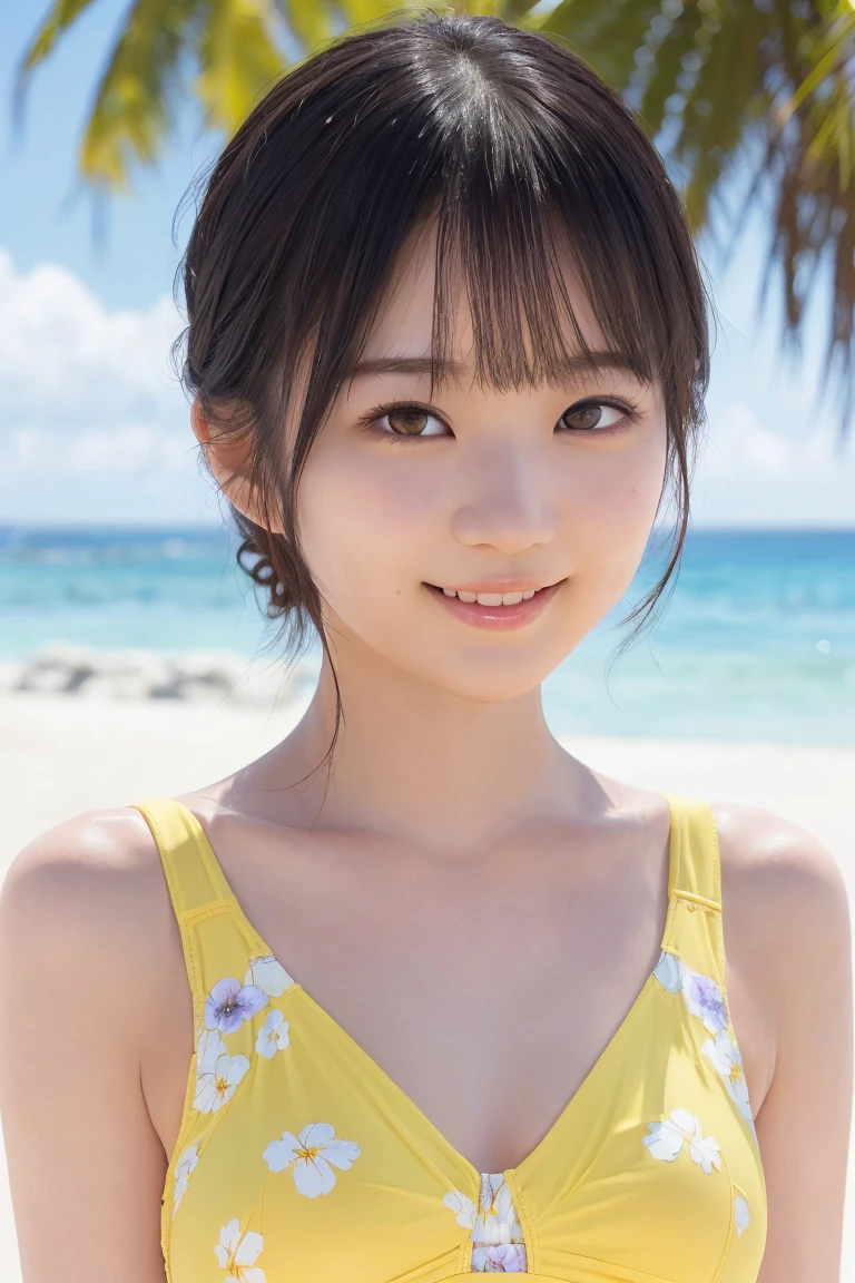 (Highest quality、Tabletop、8k、Best image quality)、1 female、(Beautiful, glowing skin:1.1)、(Very short hair:1.1)、Brown Hair、The most beautiful smile is looking at me、Biggest Smile、Smiling widely and showing off beautiful teeth、(light pink bikini:1.1)、Beautiful sea、Shining bright sea、澄んだBeautiful sea、Very clear sea、Beautiful Hiroshi々Sandy beach、Beautiful surf edge、Beautiful sunny sky、Beautiful cumulonimbus clouds、(very bright and vivid:1.3)、(Beautiful, radiant skin:1.1)、(Ultra-high resolution, bright and beautiful skin:1.3)、Ultra-high resolution 美しい teeth、Ultra HD Hair、Ultra-high resolution sparkling eyes、Natural Makeup、Accentuate your body lines、(Very bright and beautiful skin:1.1)、(Big Breasts:1.2)、Slender body、(Perfect Anatomy:1.1)、Sculptural installation、Blurred Background、Single flower on the head