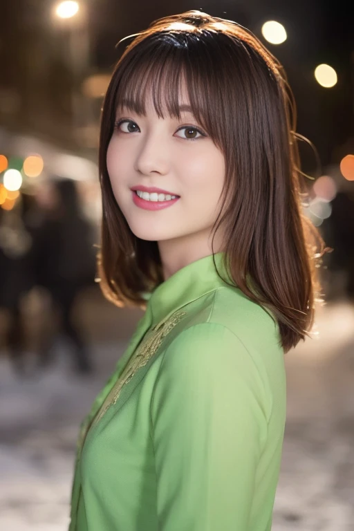 1 girl, (wearing a green glitter dress:1.2), (RAW Photos, Highest quality), (Realistic, Photorealistic:1.4), Tabletop, Very delicate and beautiful, Very detailed, 2k wallpaper, wonderful, finely, Very detailed CG Unity 8K 壁紙, Very detailedな, High resolution, Soft Light, Beautiful detailed, Very detailed目と顔, Beautiful and detailed nose, finelyて美しい目, Cinema Lighting, City lights at night, wonderfulイルミネーション, Perfect ???????, Slender body, small, smile