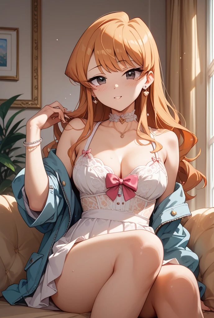 ((nami)), (((cute overload))), pastel color palette, ((black thigh length hair)), (orange hair), (big orange eyes), huge tits, casual pose, relaxed, playful, shiny skin, (thin), (((sideboob))), (petite), ((floral pastel lingerie)), ulzzang, ((realistic)), (looking at viewer), ((arms behind back)), ((cleavage)), straight on, portrait, thick thighs, from above, full body, looking up at viewer, from behind, orange panties, pastel thigh highs, 