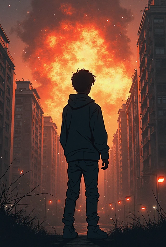 1 boy, Black Hoodie, Black pants, Gazing at Satan, Hellfire in the Background