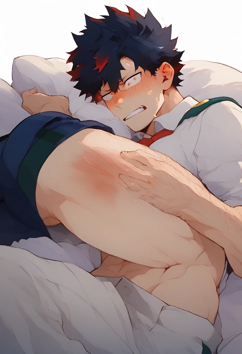 midoriya izuku kiss todoroki shoto, hard ???, midoriya izuku top, todoroki shoto bottom, midoriya's ???? in todoroki's ?????, full body, in bed
