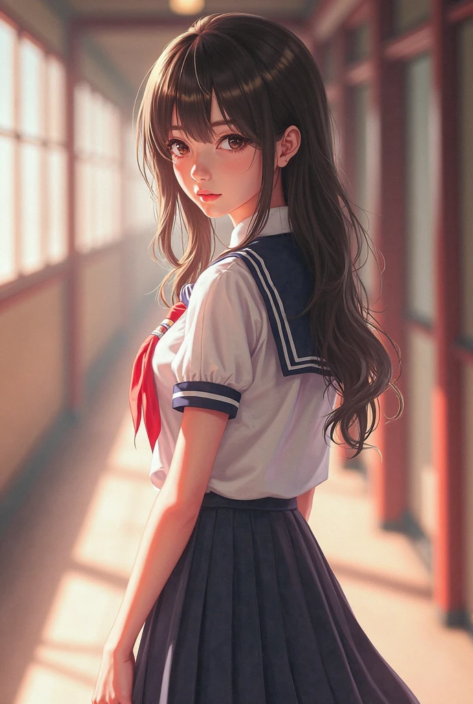 High angle shot, panty shots, cute schoolgirl, Japanese schoolgirl uniform, surreal schoolgirl wearing Japan uniform and wearing Japan school uniform, surreal schoolgirl, schoolgirl in uniform, girl in uniform, girl in uniform, Full body of schoolgirl posing in school uniform., beautiful skin, shiny skin, nice thighs, shiny thighs, shiny legs, barefoot,