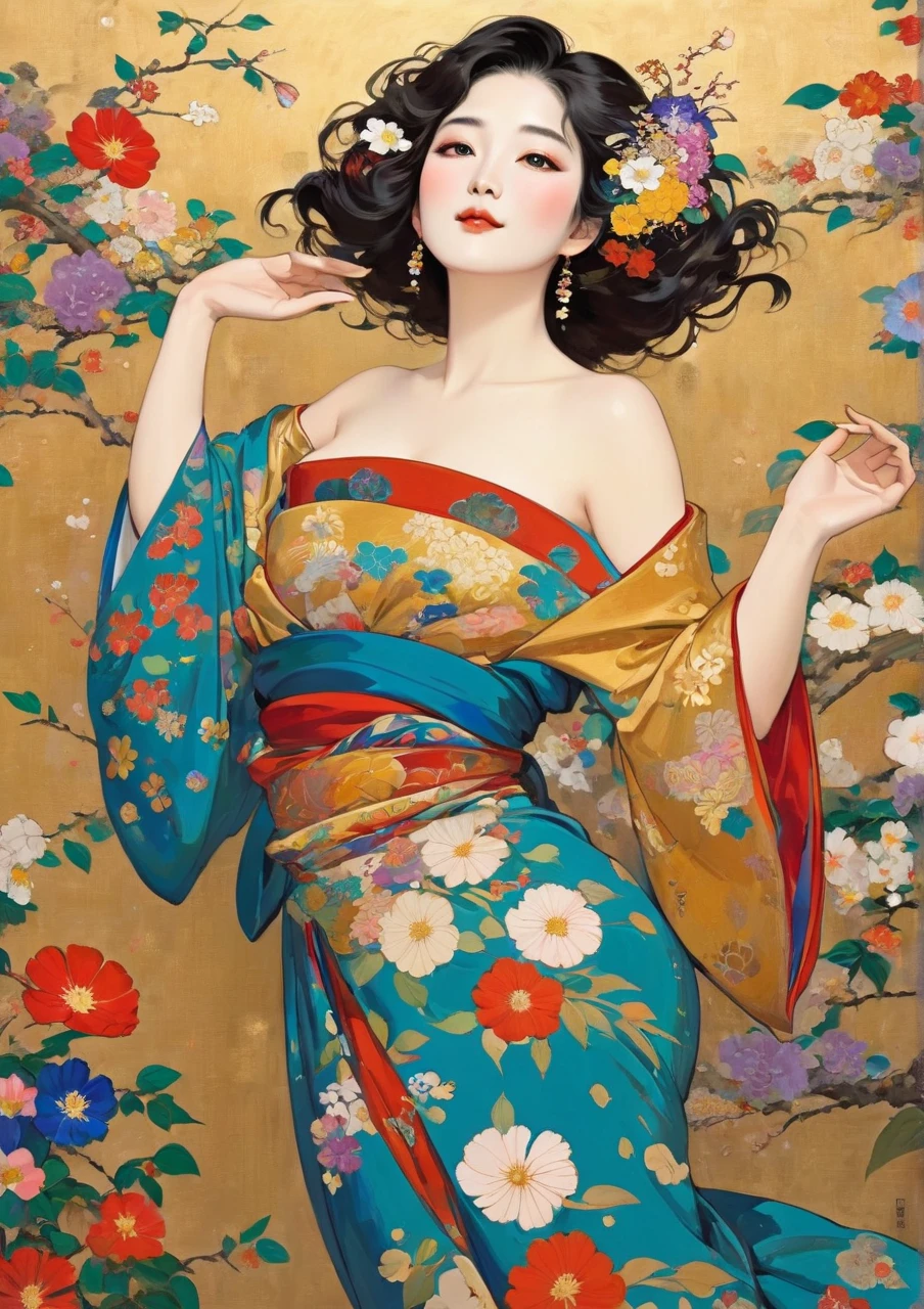Masterpiece Japanese Painting, Klimt Style Masterpiece, flat art, Crepas painting,    abstract,  lots of flowers , looking at flat illustration, 40 years old, Off Shoulder, harf-open-eyes,sexy,  Bold Composition ,