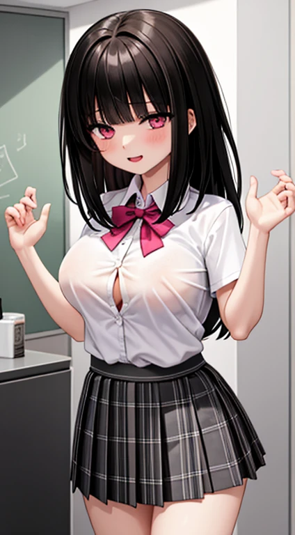 (Best quality, 8k, 32k, Masterpiece, UHD,:1.2),RAW, 1girl,ultra cute , natural lighting,transparent shining eyes, 20yo,medium breast ,fair complexion ,flushed face, dynamic angle,   ((black rabbit ear, Cleavage Cutout White shirt, plaids skirt、garter stocking, erect nipples)), classroom, sitting on desk, afternoon, embarrassed smiling, soft breasts, (spreading legs, White panties in floral pattern)、