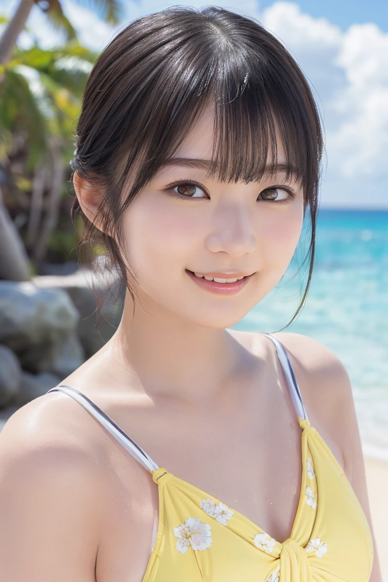 ((In detail))、(Anatomically correct)、((Headband Top))、blue sky、Cobalt Blue Sea、White sand beach,(((Your smile is cute,)))、((Elegant Japanese girl、13-year-old girl:1.5))、Super cute lolita idol、Frolicking expression、(Brown Hair、Semi-long hair with a topknot,)、(((Beautiful girl in a white dress, Transparent muscle)))、(Slender body and beautiful breasts)、(Well-formed and elegant face、amount)、(((Big Breasts)))