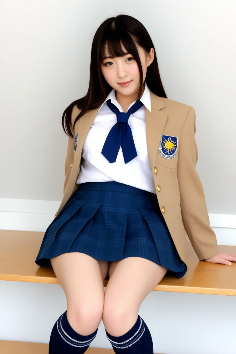 Young woman in school uniform poses for photo, girl in school uniform, girl in Japan school uniform, wearing Japan school uniform, Seifuku, Japan girl wearing school uniform, JK school uniform, surreal schoolgirl, wearing school uniform, wearing school uniform, shot with Canon 5D Mk4, shot with Canon EOS 5D Mark IV, schoolgirl wearing principal uniform, 1 woman close-up, 35mm masterpiece, vivid details, super detail, realistic skin texture, live action, super high quality, navy blue blazer school uniform, navy blue pleated mini skirt, dark blue socks, navy blue high socks, high socks, brown loafers, knee little boy in high socks, smile, beautiful face, beautiful Japan woman, 17 years old, idol class cuteness, beautiful girl, full body shot, standing, back, behind the knees, Beautiful thighs, beautiful legs, beautiful high school girl, fiercely cute, knee little boy out, inner thigh, daytime, knee little boy out, healthy inner thigh, bare legs between knee child and skirt, socks from below the knee, natural light, chin up, neck scruff showing, extremely cute high school girl