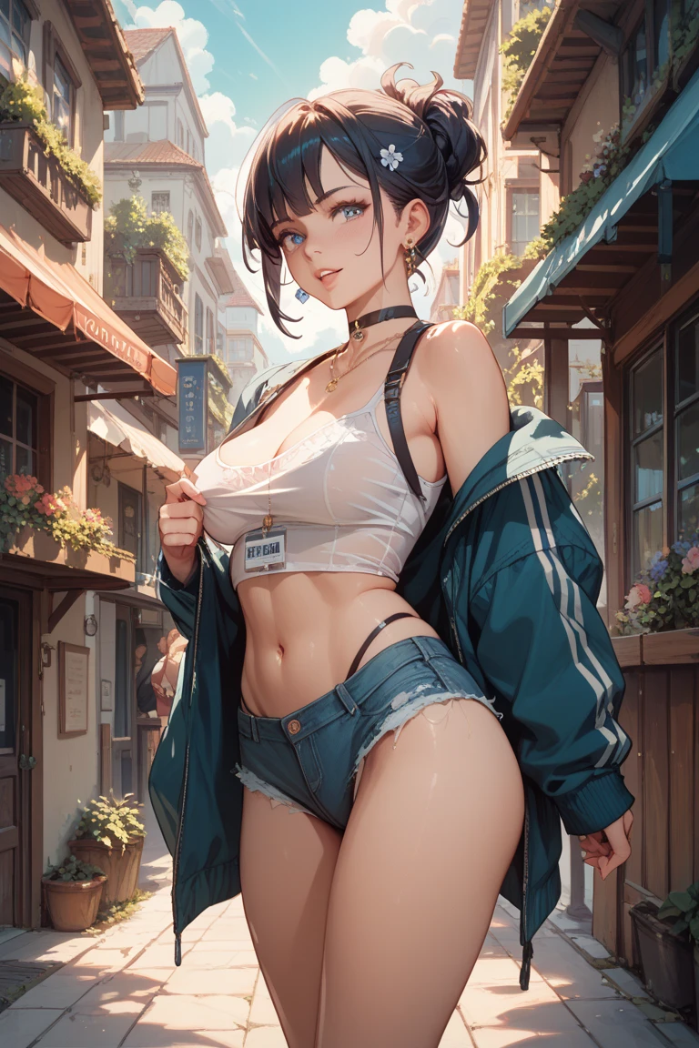 girl spacepunk,(((1girl))),((anime girl with extremely cute and beautiful black hair, walking seductively down the street)),

(large breasts:1.4),saggy breasts,((((black hair,messy hair,colored inner hair,large hair,absurdly long unkempt hair:1.35,long hair,ear breathing)))), ((blue eyes:1.3,upturned eyes:1.3,perfect eyes,beautiful detailed eyes,rainbow glows ultra-detailed deep blue  eyes:1.1,gradient eyes:1,finely detailed beautiful eyes:1,symmetrical eyes:1,big highlight on eyes:1.2)),((fat)),(((lustrous skin:1.5,bright skin: 1.5,skin tanned,shiny skin,very shiny skin,shiny body,plastic glitter skin,exaggerated shiny skin))),(spider lower abdomen,narrow waist,wide hip,athletic body,inflated legs,delicate detailed fingers,detailed body,detailed arms,human hands,(detailed face)),

cute,slutty,seductive,erotic,(((nsfw))),

zettai ryouiki,revealing clothing,show skin,((((underboob)))),(cleavage),(semi-naked,with little clothing,((tiny thong)),bare legs,visible thong straps),((((crop top hoodie,cropped hoodie,hoodie,hoodie intricate)))),((detailed outfit,detailed clothes)),

(dynamic pose:1.0),solo focus,embarrassed,centered,scale to fit dimensions,Rule of thirds,

(best quality,high resolution,sharp focus,ultra detailed,extremely detailed,extremely high quality artwork,(realistic,photorealistic:1.37),8k_wallpaper,(extremely detailed CG 8k),(very fine 8K CG),((hyper super ultra detailed perfect piece)),flawless,(((masterpiece))),illustration,vibrant colors,(intricate),High contrast,Selective lighting,Double exposure,HDR (High Dynamic Range),Post-processing,Background blur,