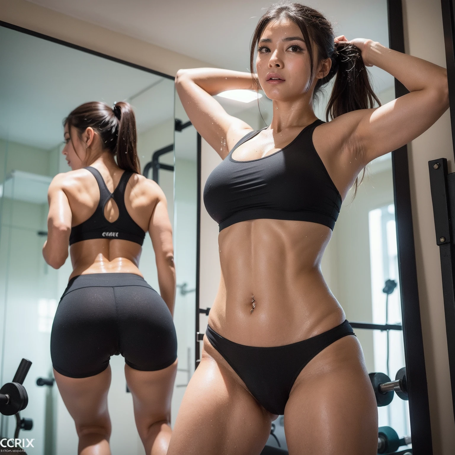 Very detailed CG Unity 8k 壁紙, Highest quality, Very detailed, masterpiece, Realistic, photo Realistic, young and pretty Korean woman, Long Hair, At the gym, ((Tight little ass)), Round eyes、Part your lips. Sweaty wet skin、dirty wet skin with sticky