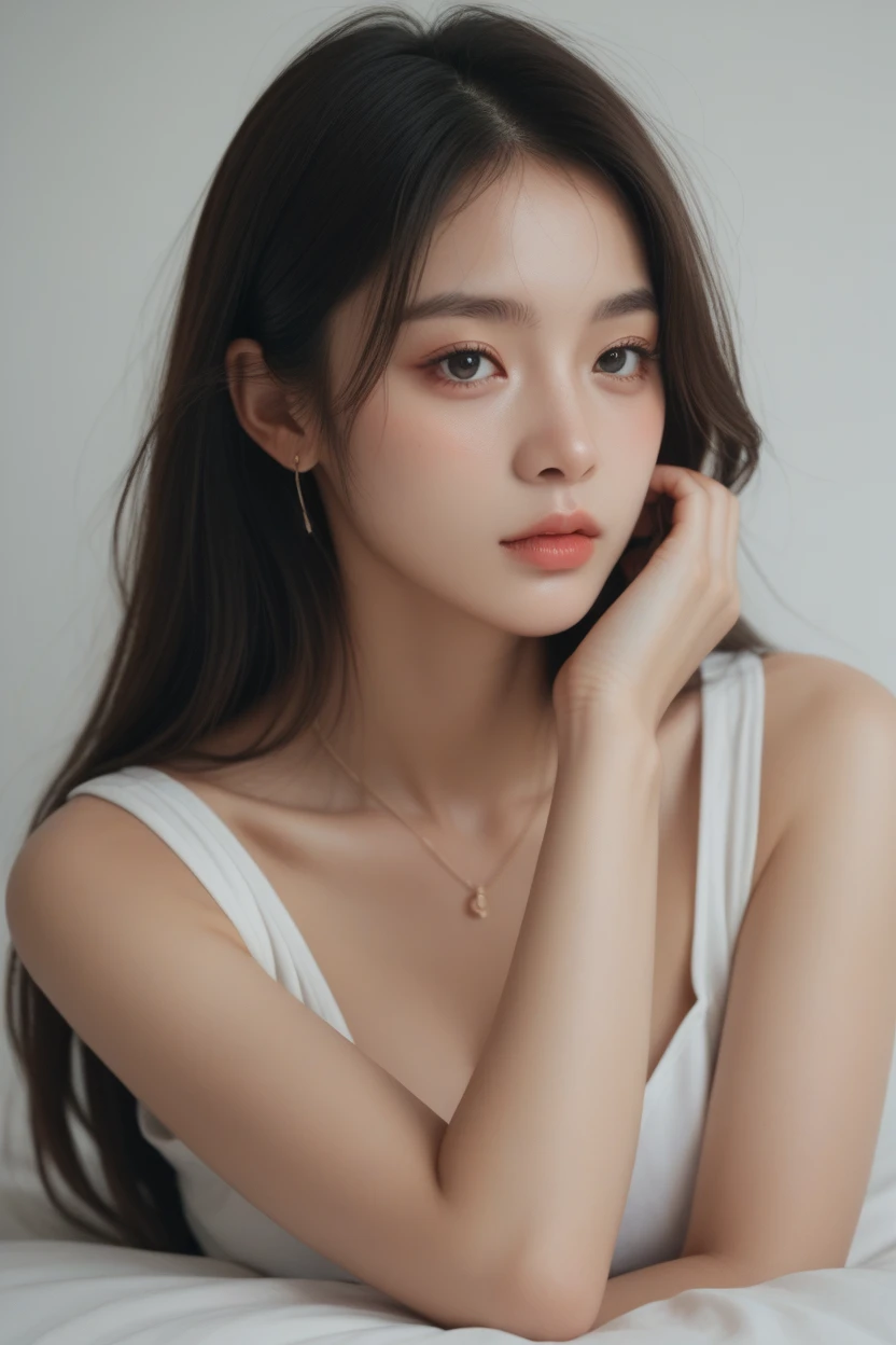 incomparable masterpiece, Ultra-realistic 8K CG, perfect work, ((The perfect feminine image)), mature woman, slim waist, captivating, clean, beautifull face, {an extremely delicate and beautiful girl} , 8K wallpaper, {{{Masterpiece}} }, 1Girl, a white T-shirt, Black hair, Blue Eyes, jewellery, soft lips, Long hair, Look at the crowd, makeups, lip, Pink lips, Simple background, Solo, upper half body, (sparkly skin),