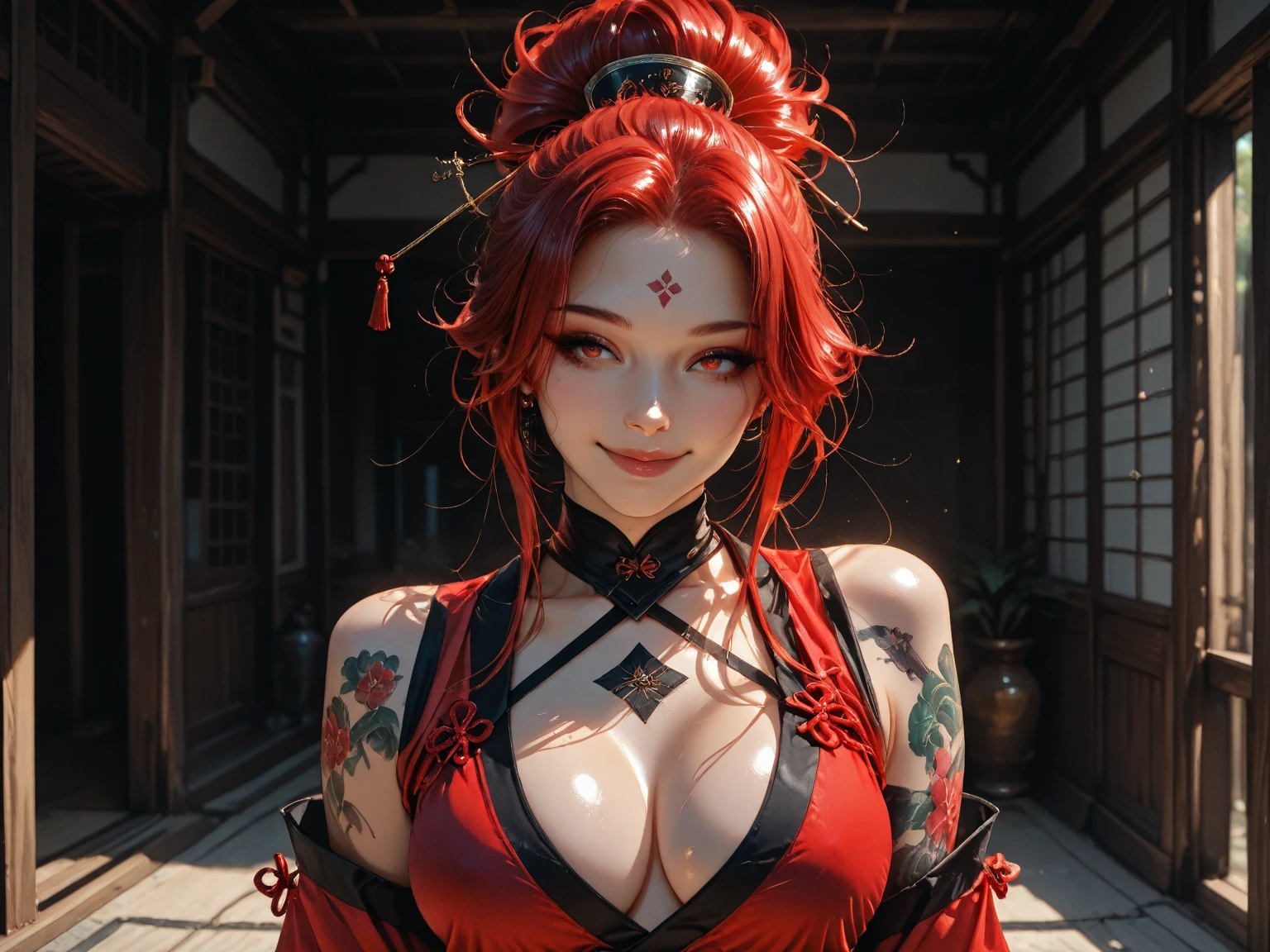finest image, (8k, RAW photo, realistic), portrait, detailed and delicate depiction and flashy and dynamic painting method, orange pink hair, beautiful woman, emerald green big eyes, amorous expression, lewd expression, ecstasy, orgasm, huge breasts, great proportion, open Japanese kimono, pink and orange lilies, background big moon, iridescent golden particles