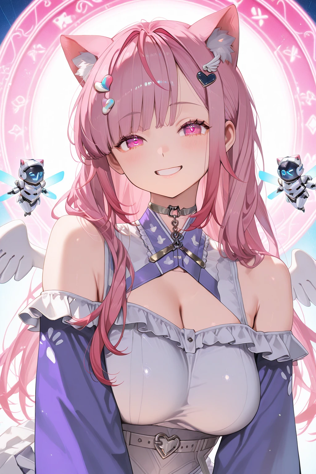 1 woman、爆乳、cleavage of the breast、Pale pink hair studded with stars、Long Lace Bale、Lolita clothes with lots of frills and ribbons、angel wings encrusted with jewels、A smile
